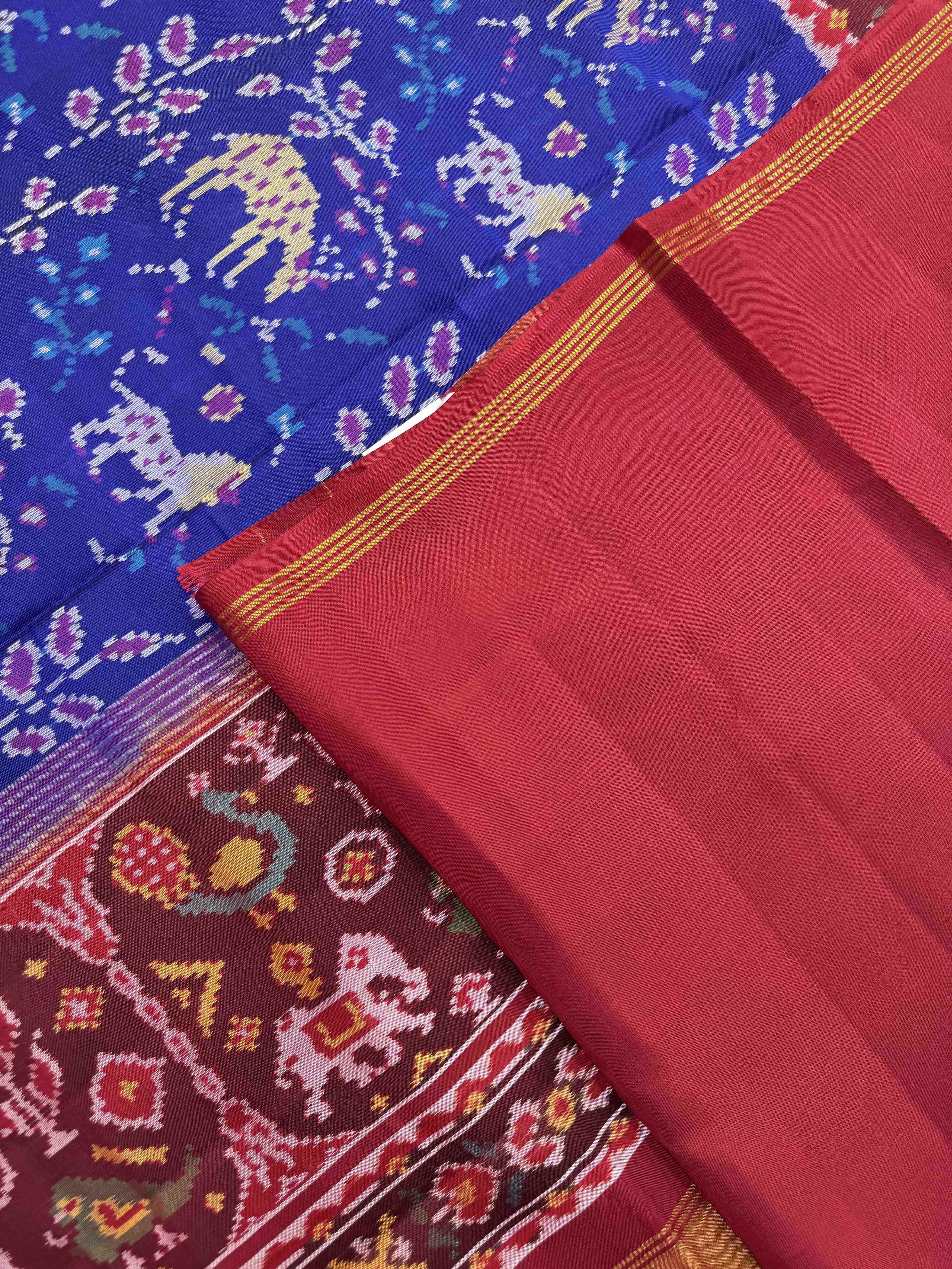 Red & Blue Lion Deer Leaves Single Ikat Patan Patola Saree