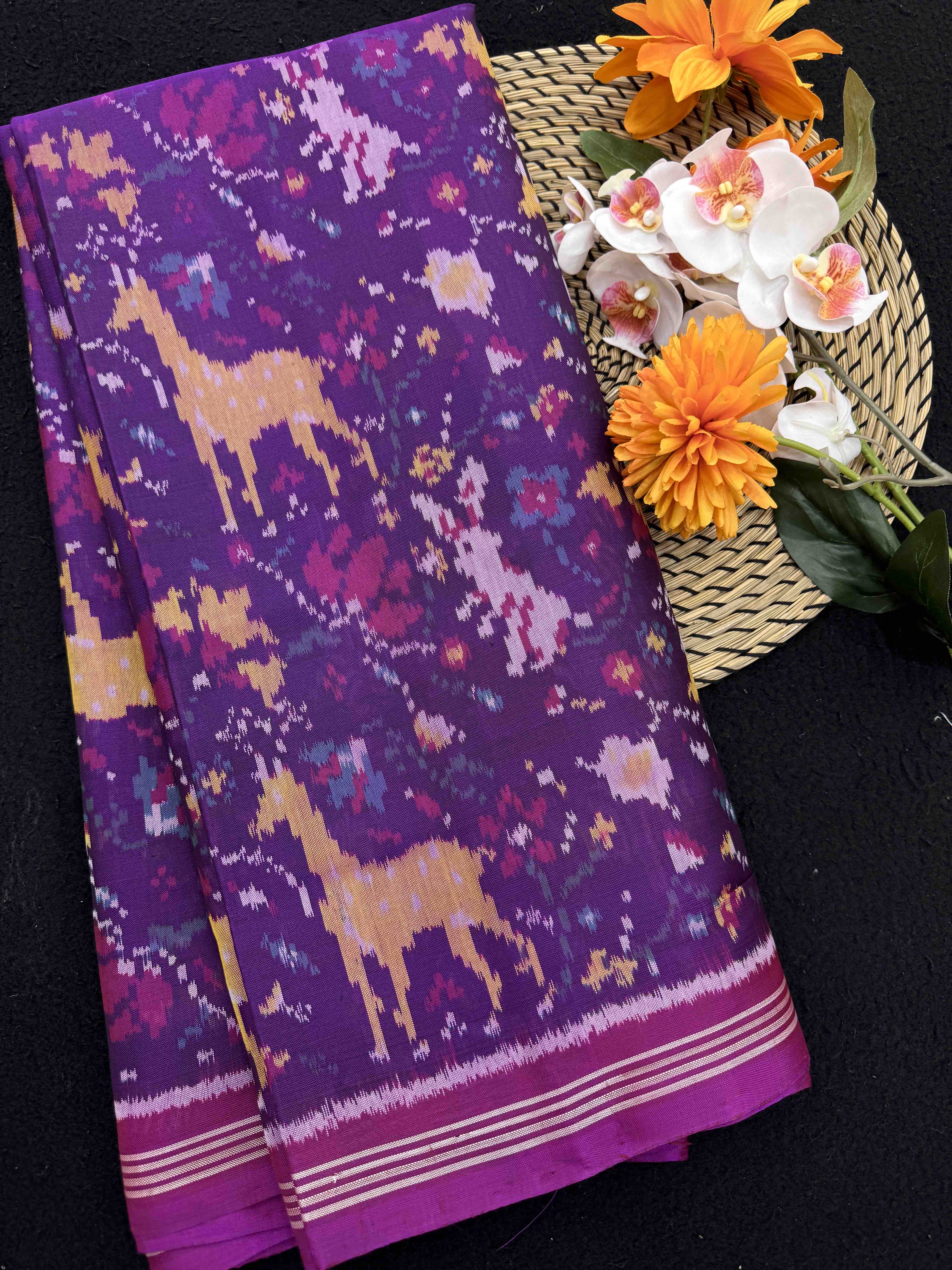 Purple Deer Rabbit Fancy Flower Single Ikat Patan Patola Saree