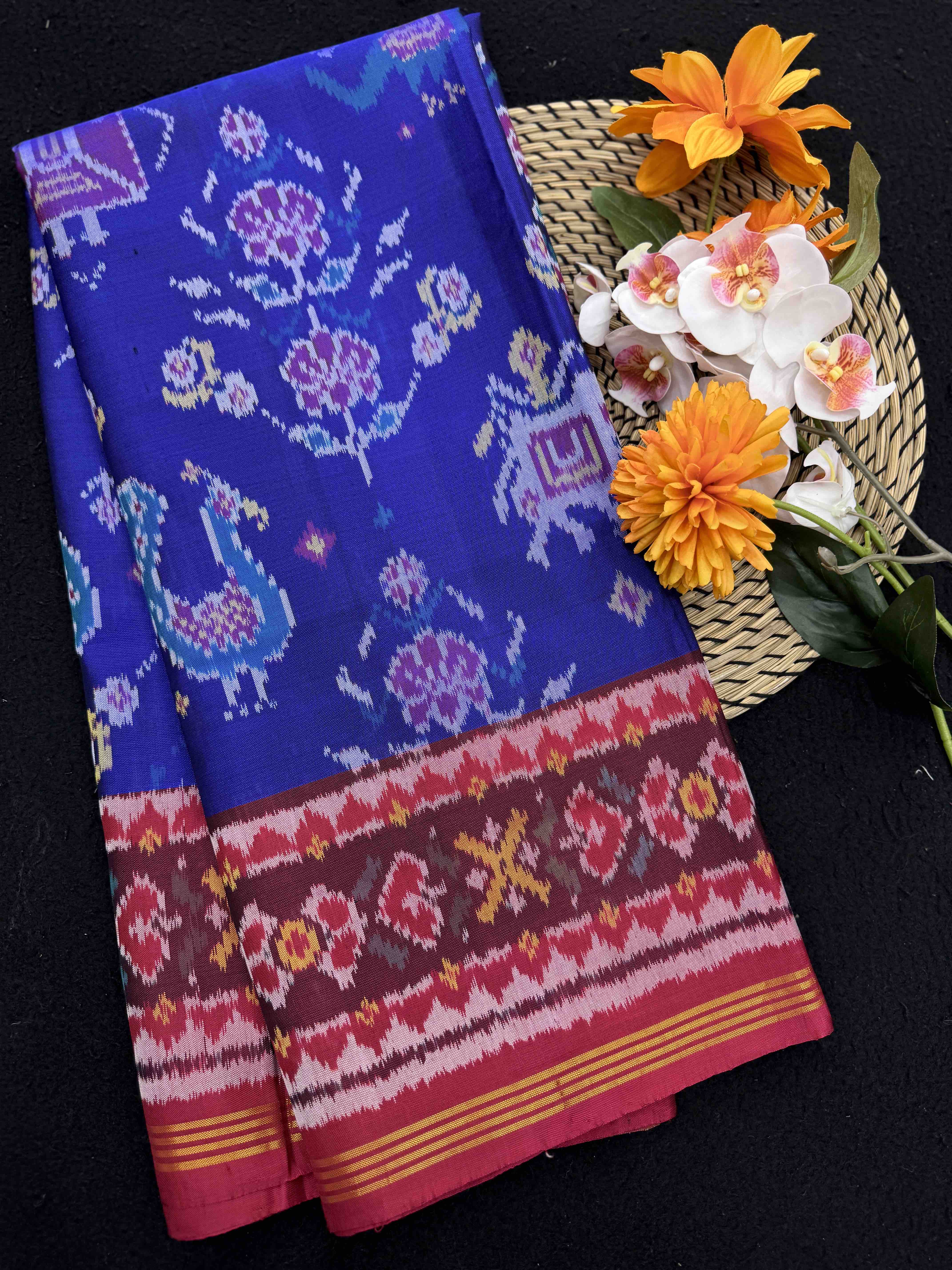 Red & Blue Narikunj with Flower Single Ikat Patan Patola Saree