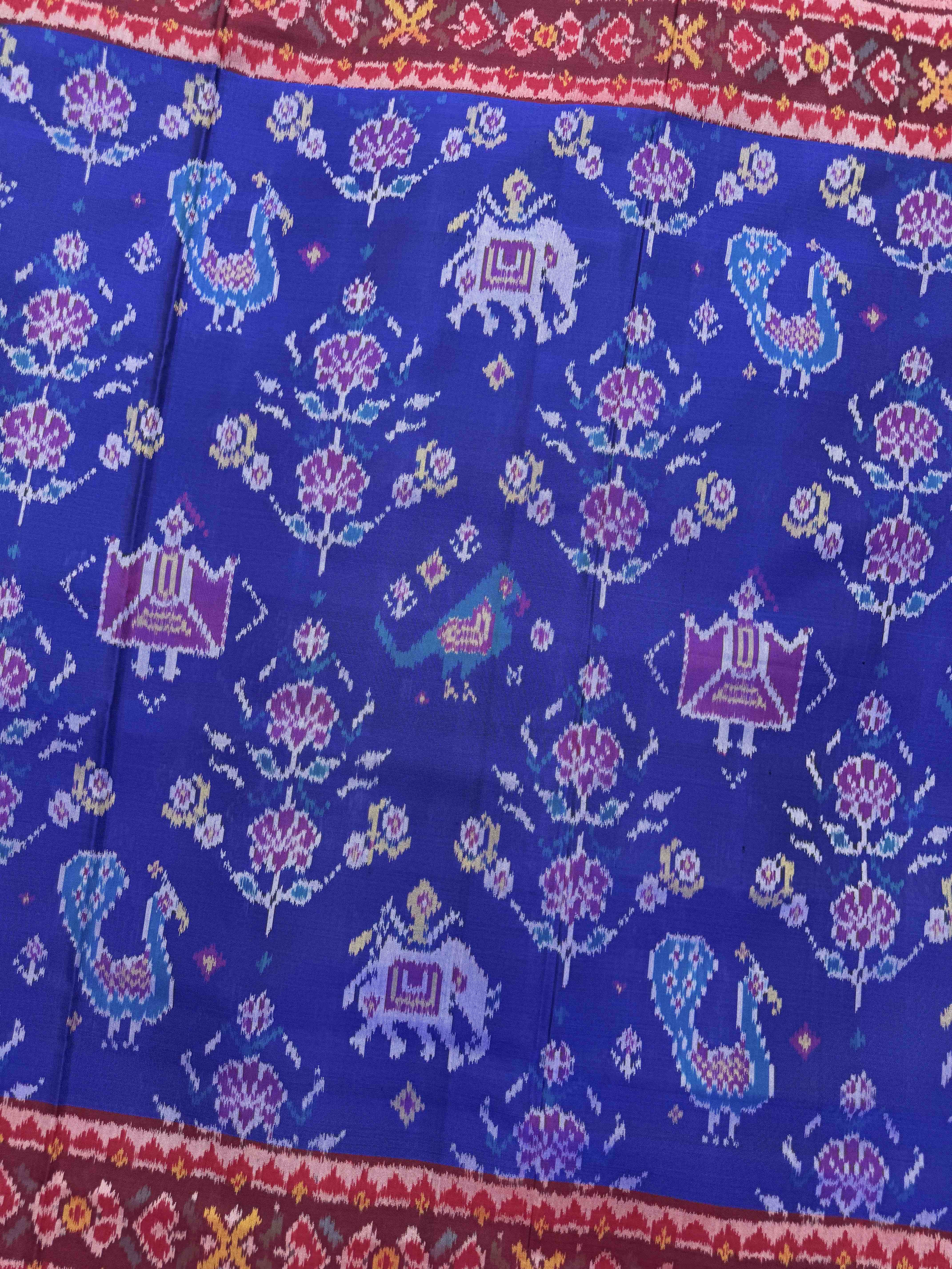 Red & Blue Narikunj with Flower Single Ikat Patan Patola Saree