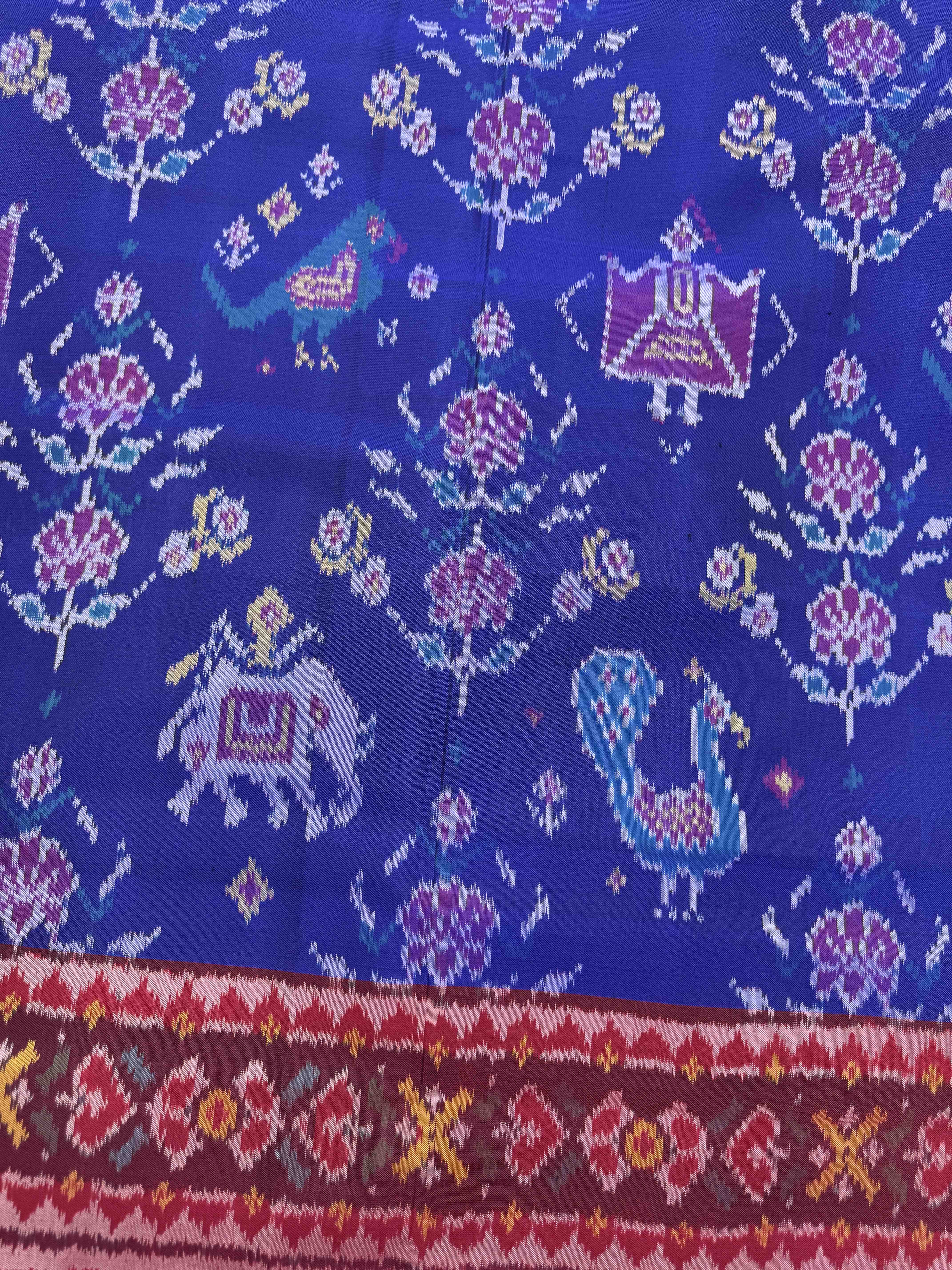 Red & Blue Narikunj with Flower Single Ikat Patan Patola Saree