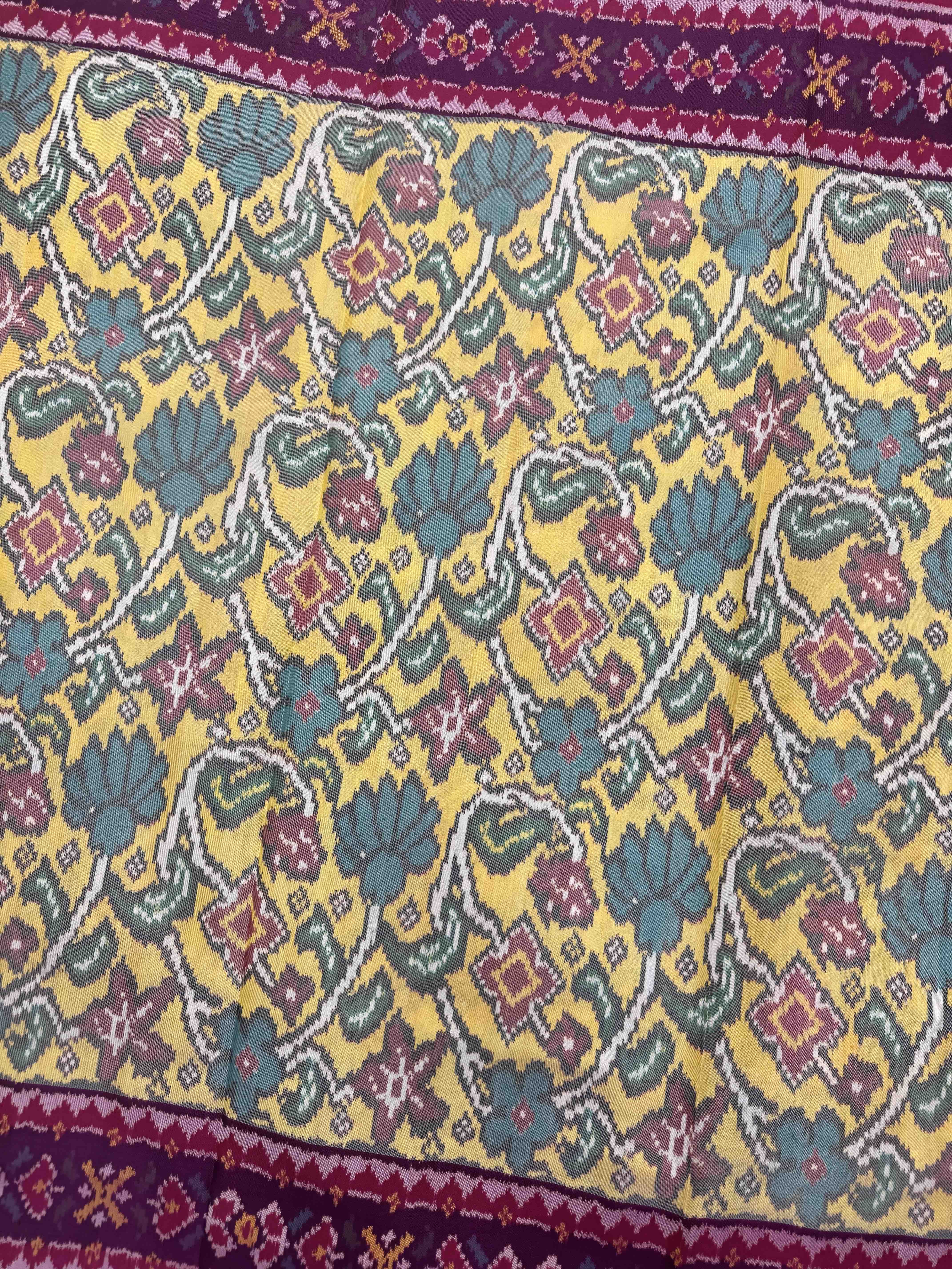 Pink & Light Yellow Fancy Flower Leaves Single Ikat Patan Patola Saree