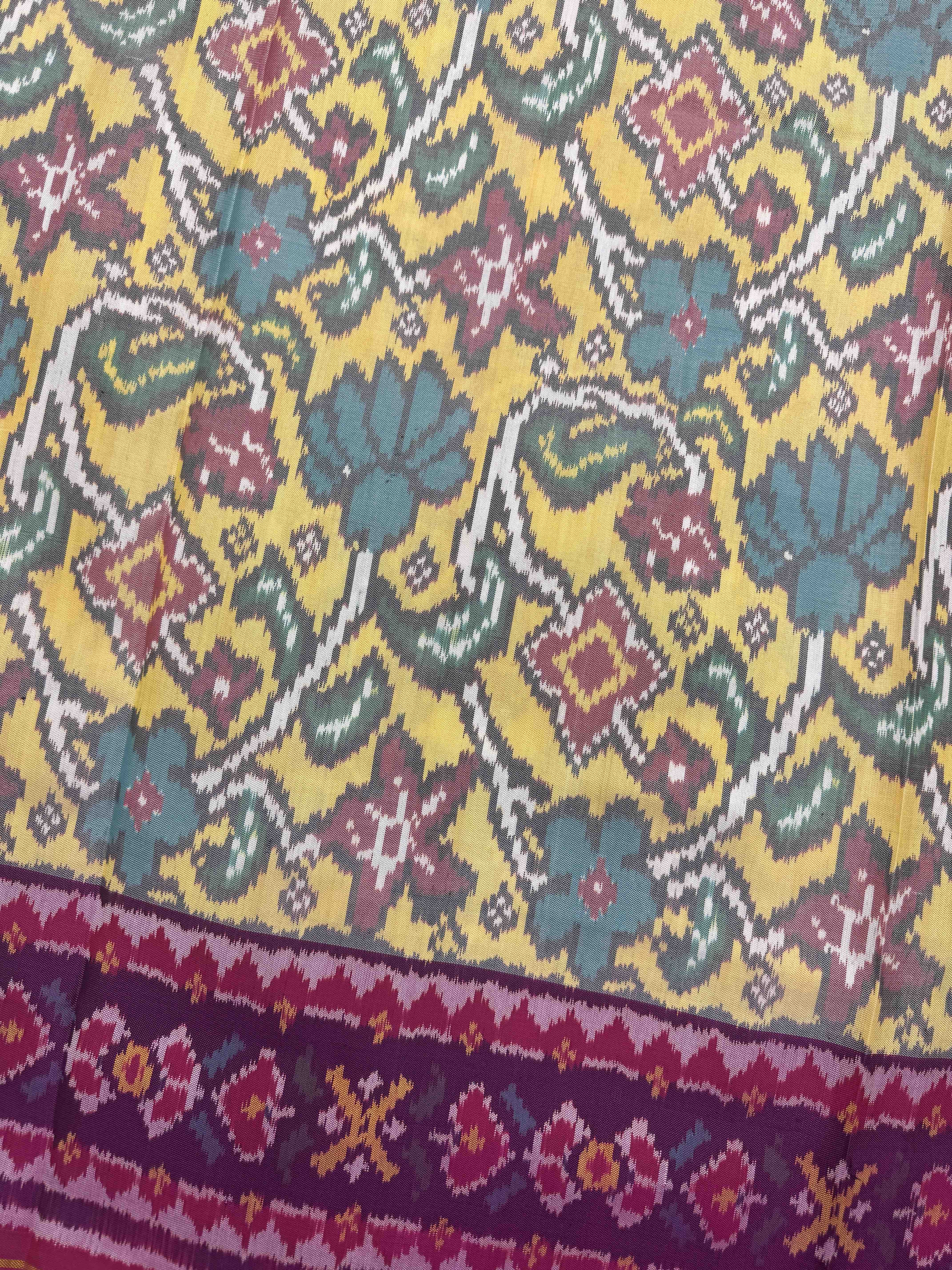 Pink & Light Yellow Fancy Flower Leaves Single Ikat Patan Patola Saree