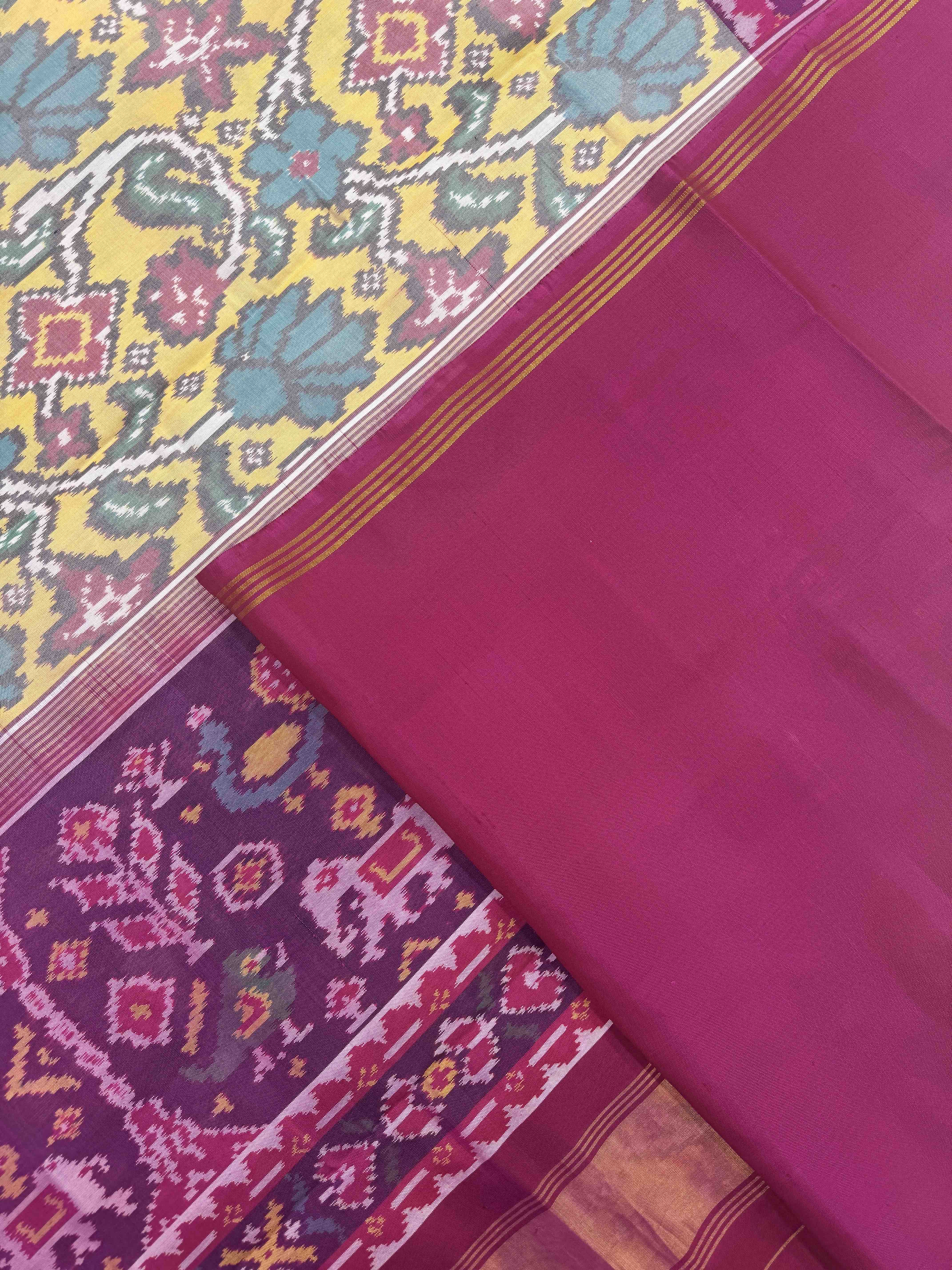 Pink & Light Yellow Fancy Flower Leaves Single Ikat Patan Patola Saree
