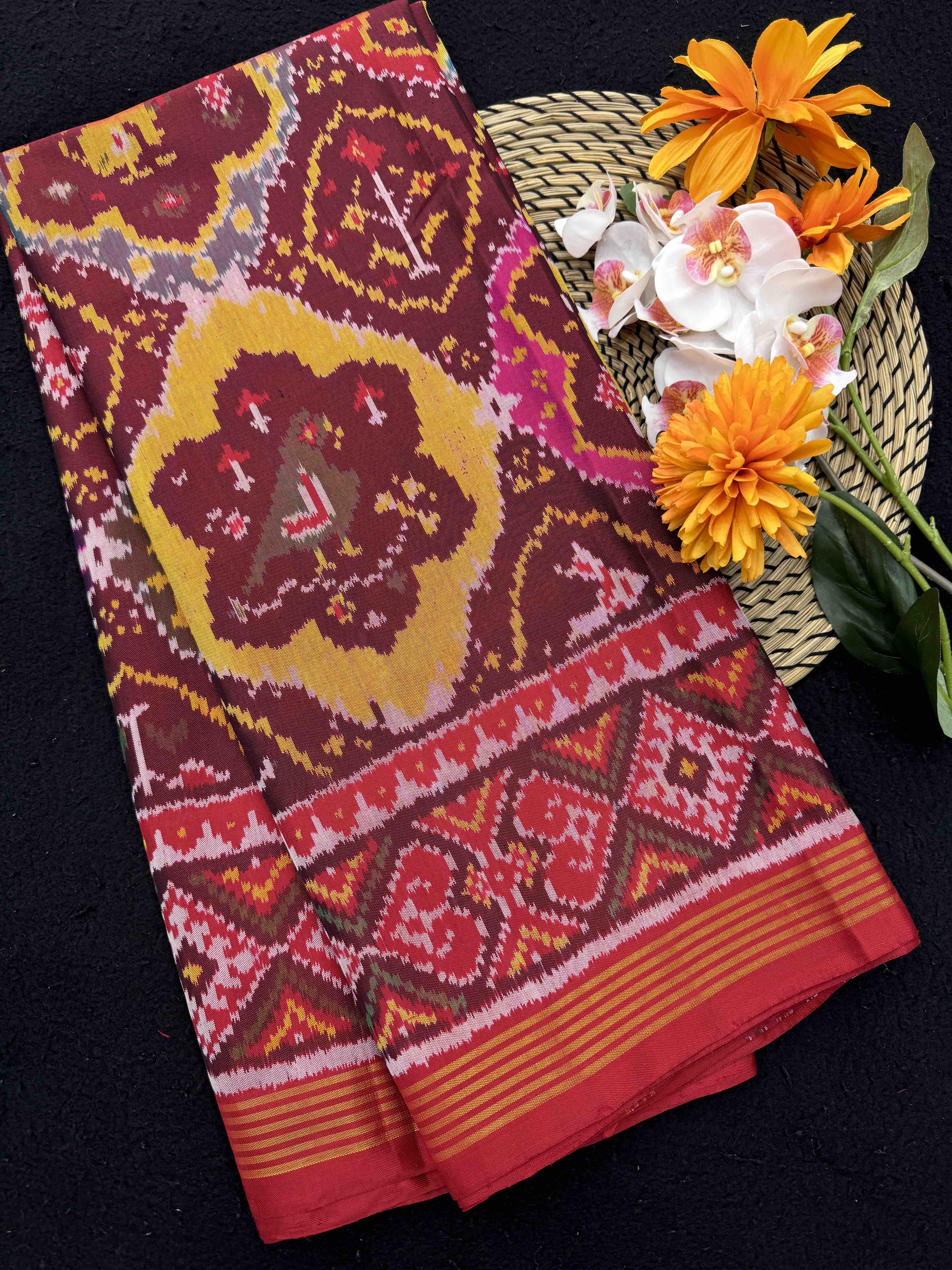 Red & Maroon with Multicolor Fancy Narikunj Single Ikat Patan Patola Saree