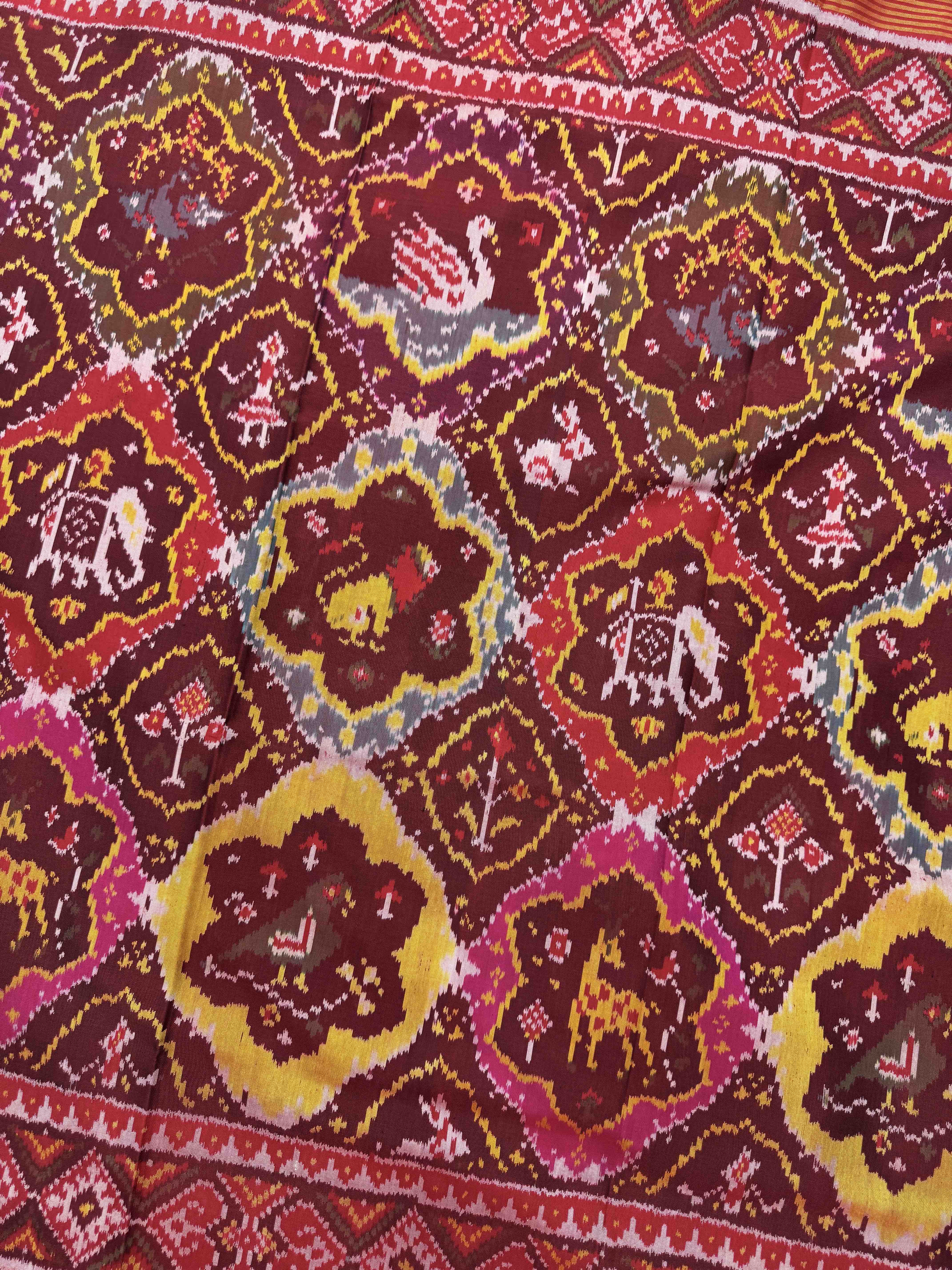 Red & Maroon with Multicolor Fancy Narikunj Single Ikat Patan Patola Saree
