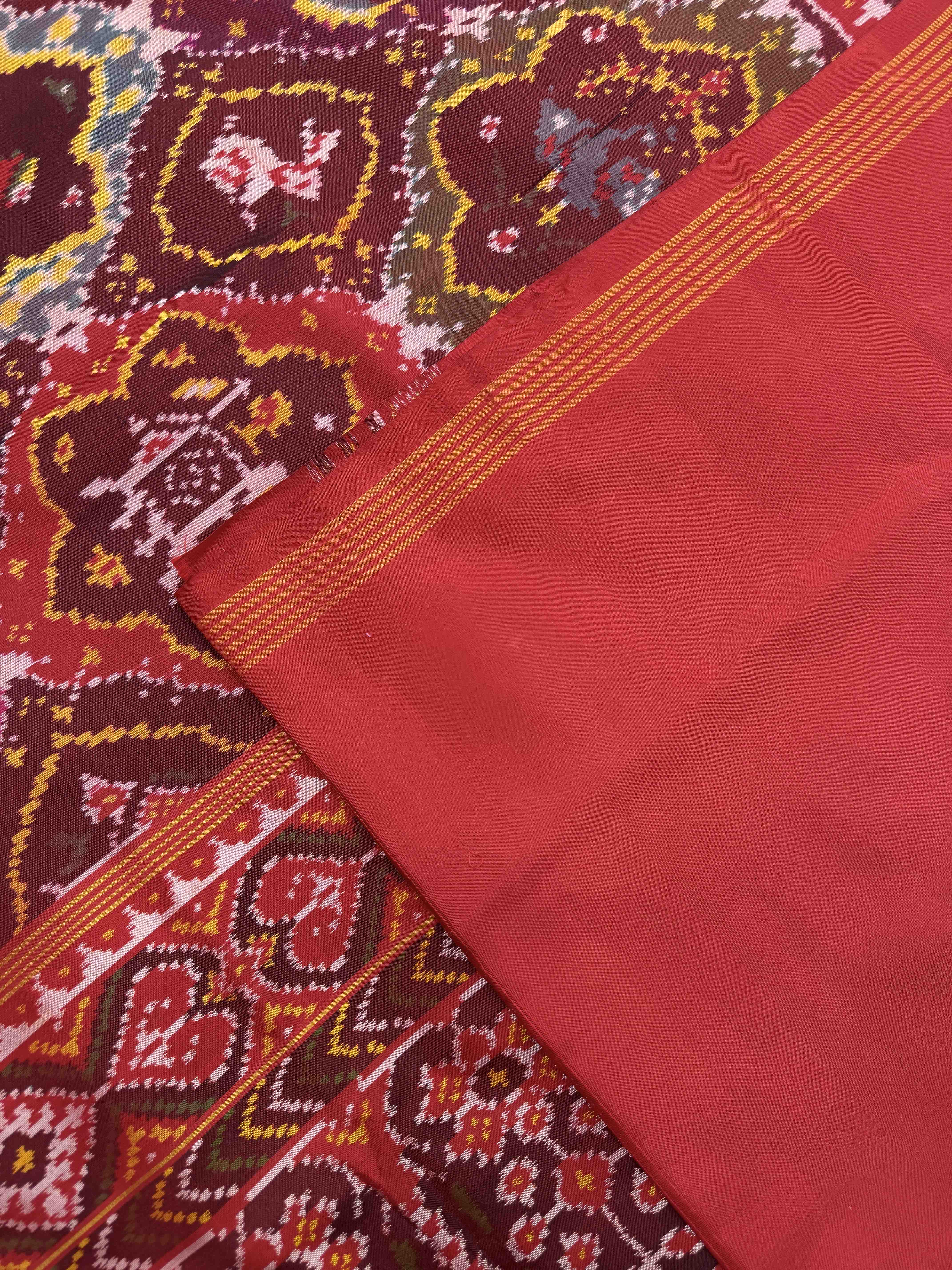 Red & Maroon with Multicolor Fancy Narikunj Single Ikat Patan Patola Saree