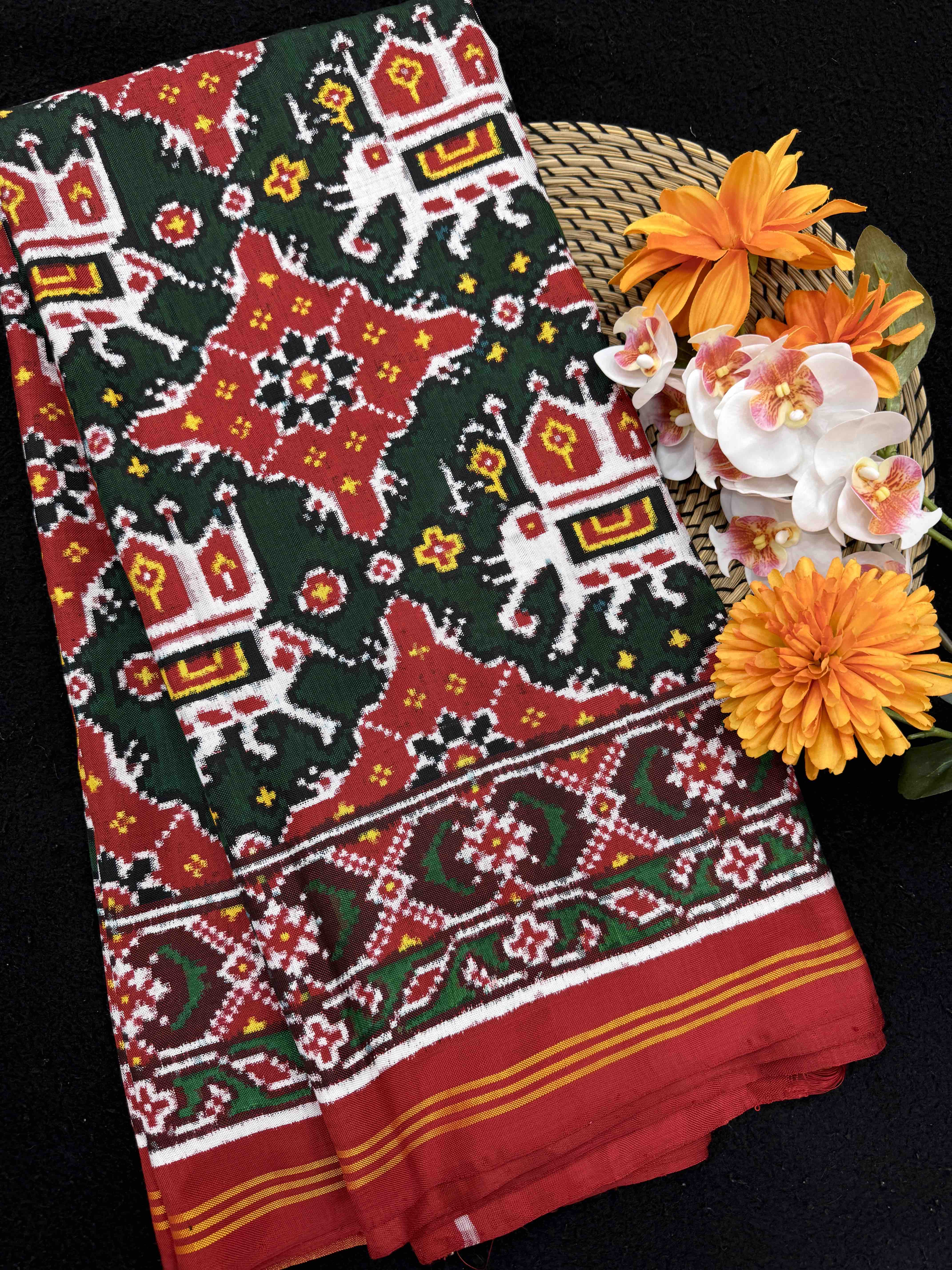 Red & Green Elephant Chhabdi Double Ikat Patan Patola Saree