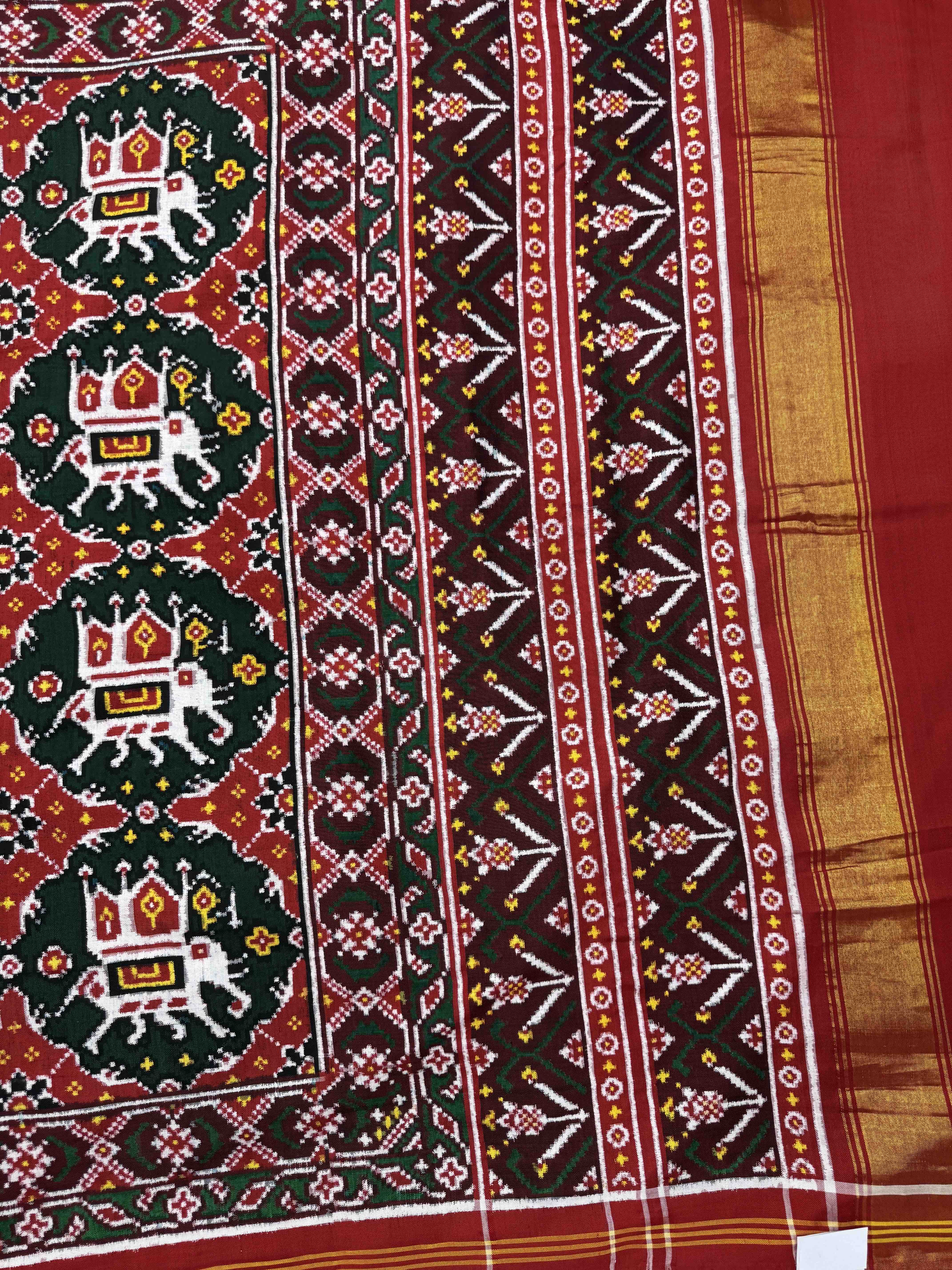 Red & Green Elephant Chhabdi Double Ikat Patan Patola Saree