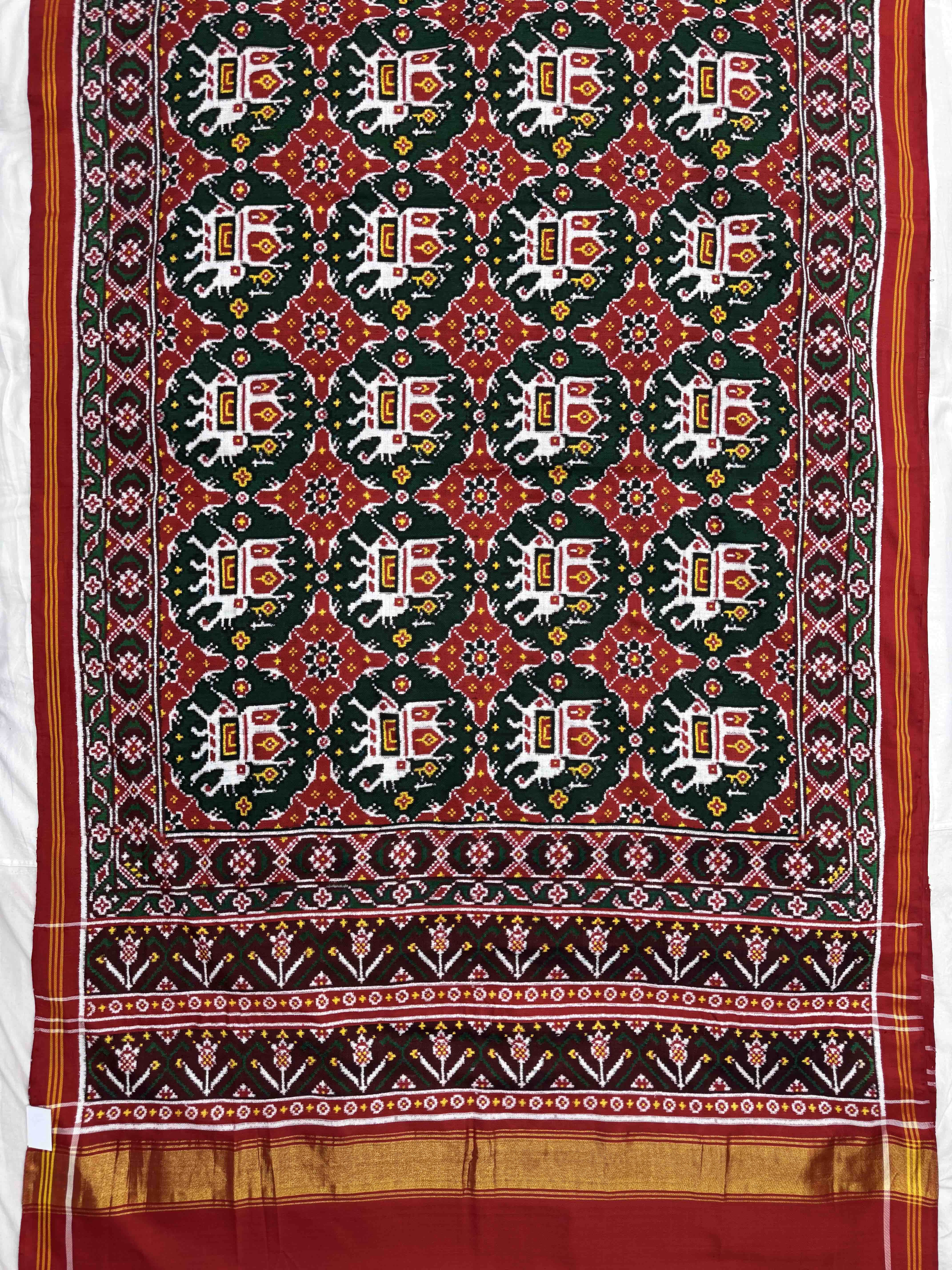 Red & Green Elephant Chhabdi Double Ikat Patan Patola Saree