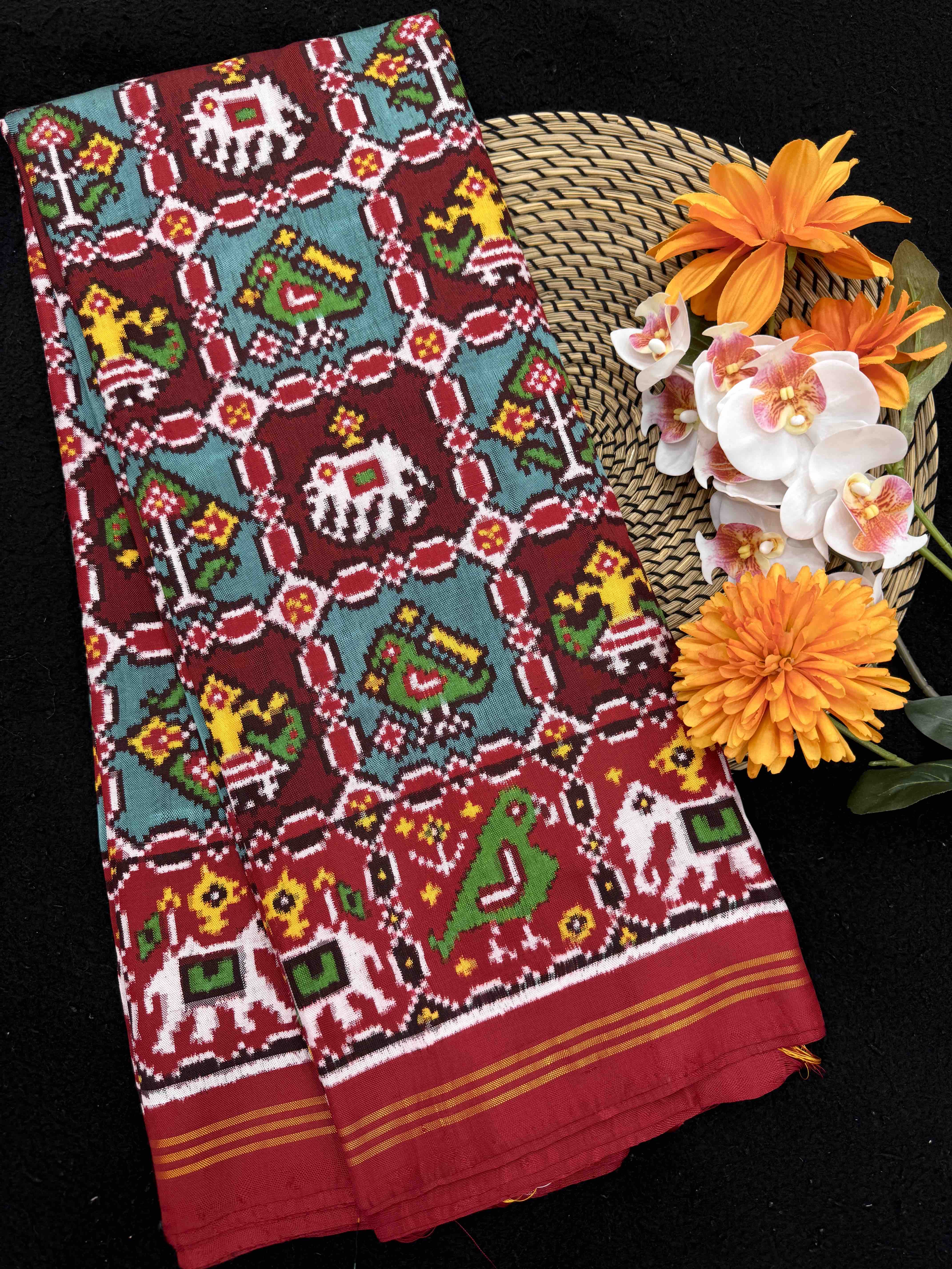 Red Maroon with Turquoise Small Narikunj Double Ikat Patan Patola Saree