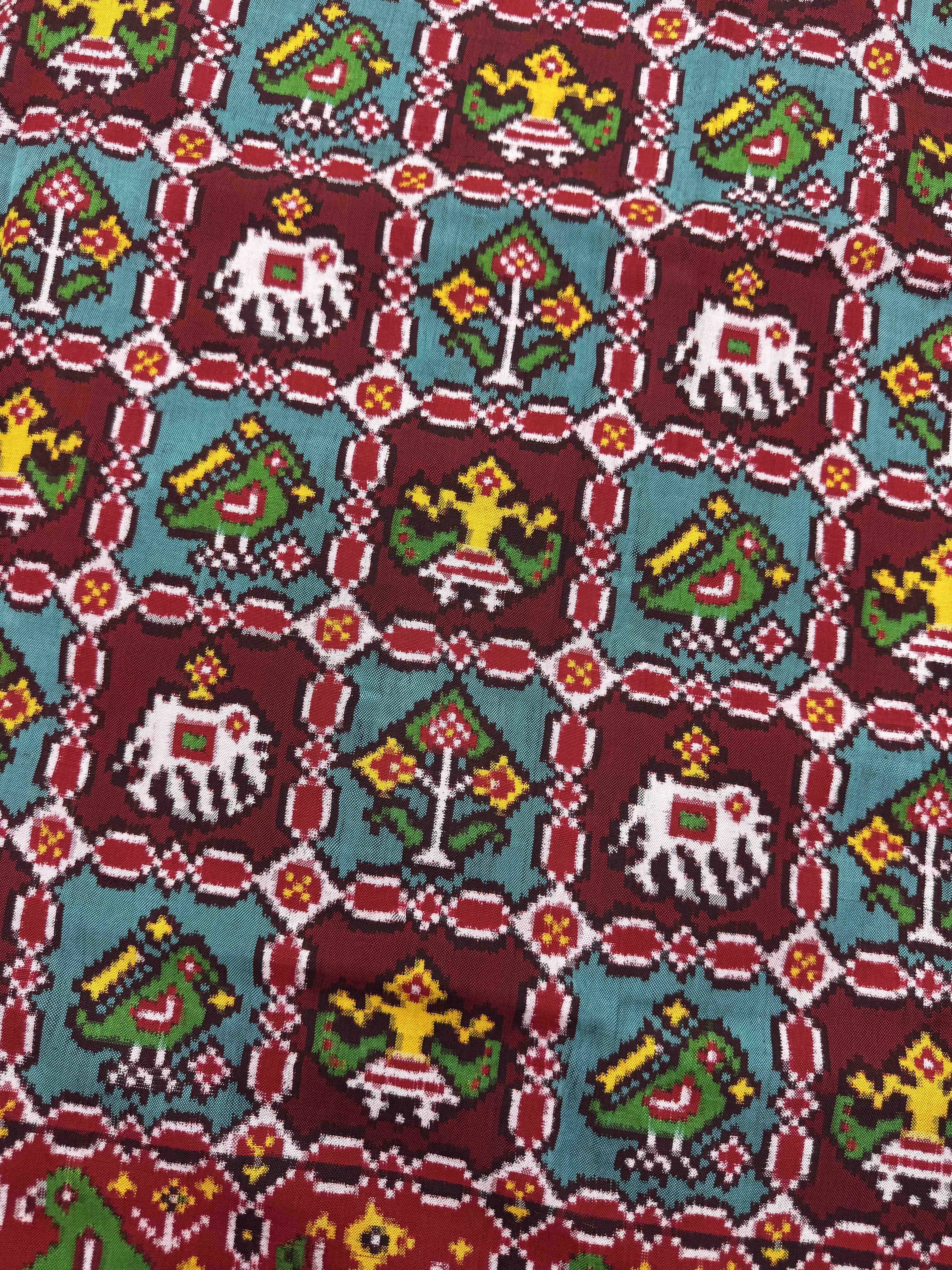 Red Maroon with Turquoise Small Narikunj Double Ikat Patan Patola Saree