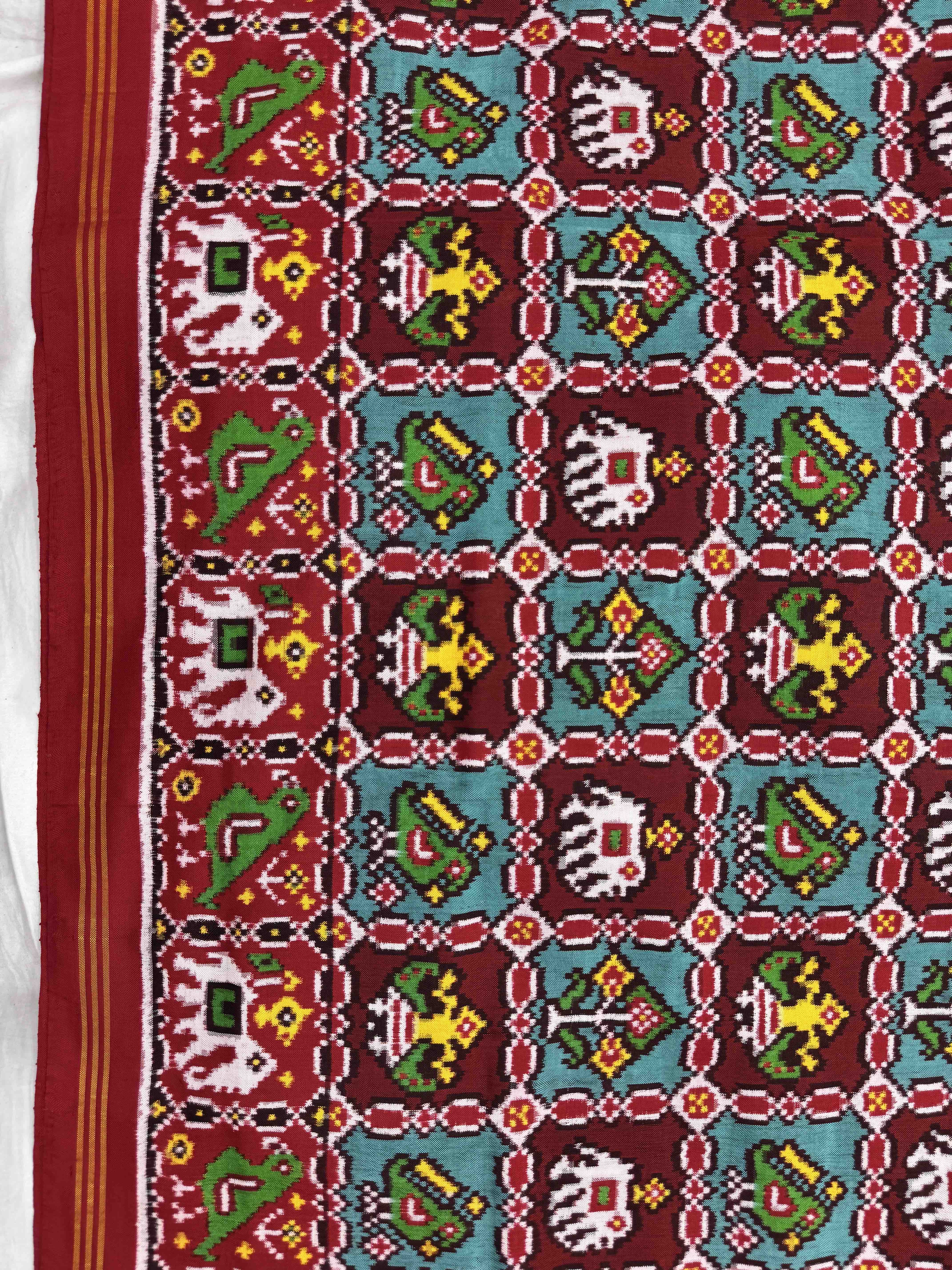 Red Maroon with Turquoise Small Narikunj Double Ikat Patan Patola Saree