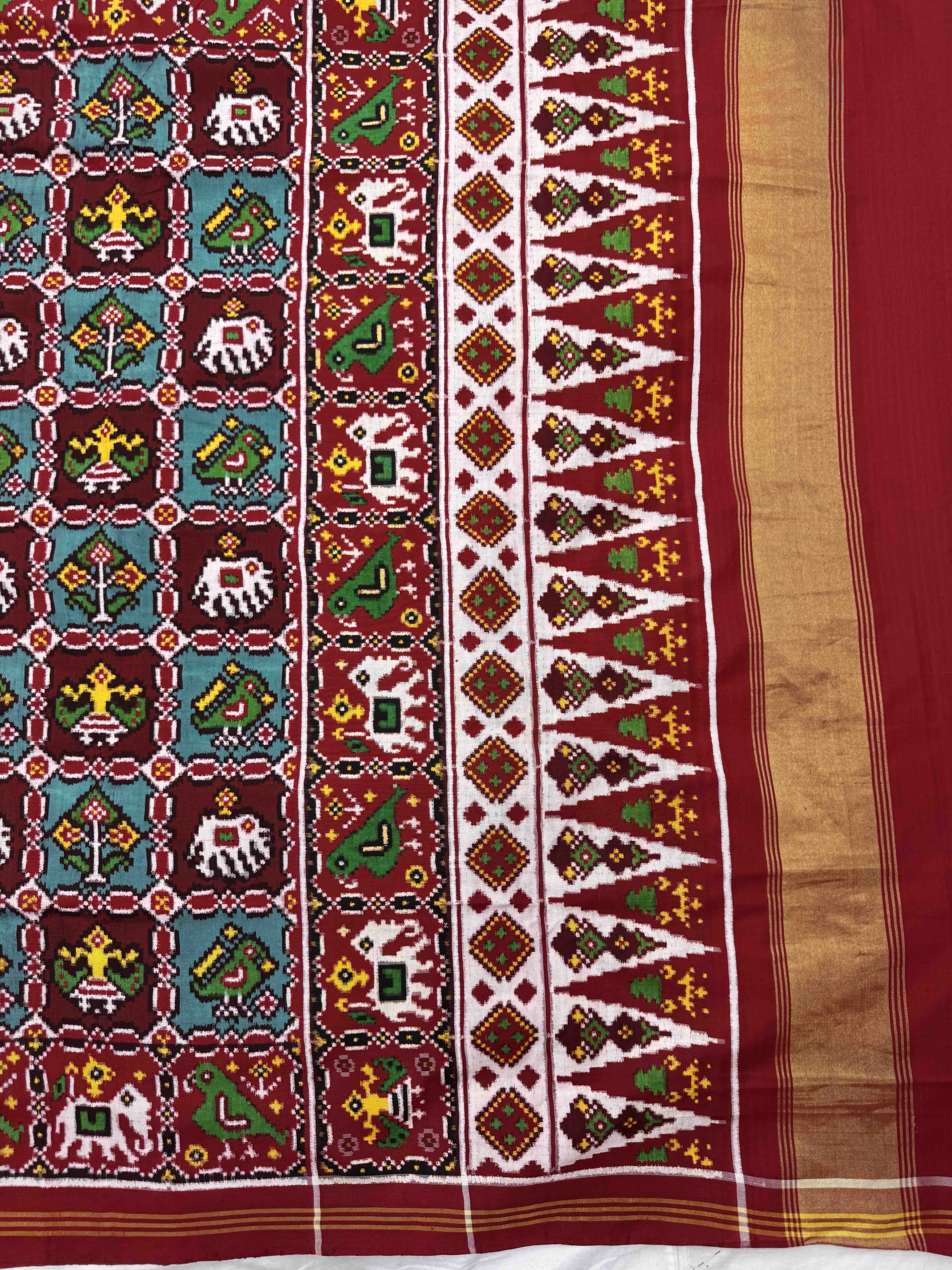 Red Maroon with Turquoise Small Narikunj Double Ikat Patan Patola Saree