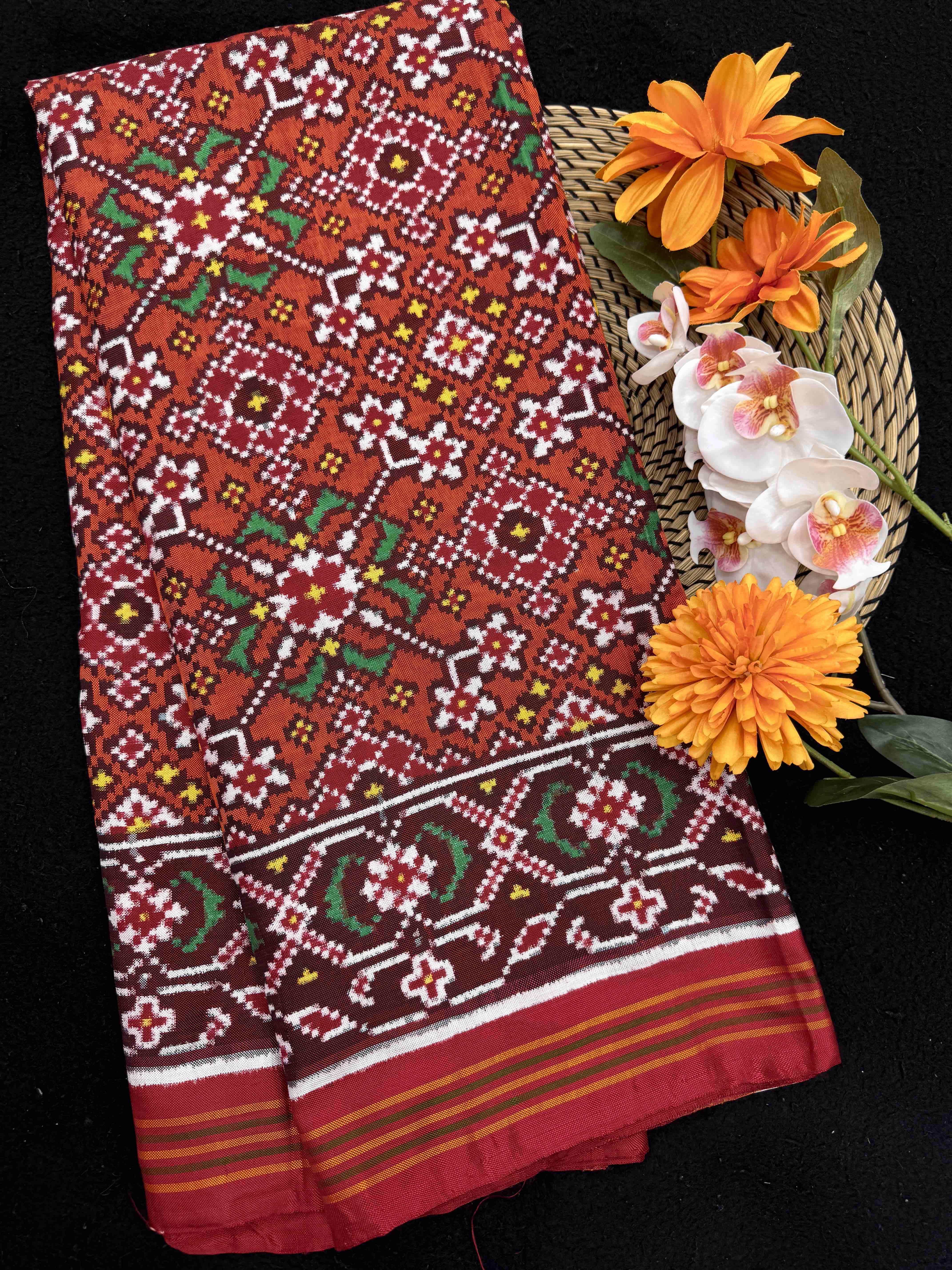 Red & Orange Navratan Double Ikat Patan Patola Saree