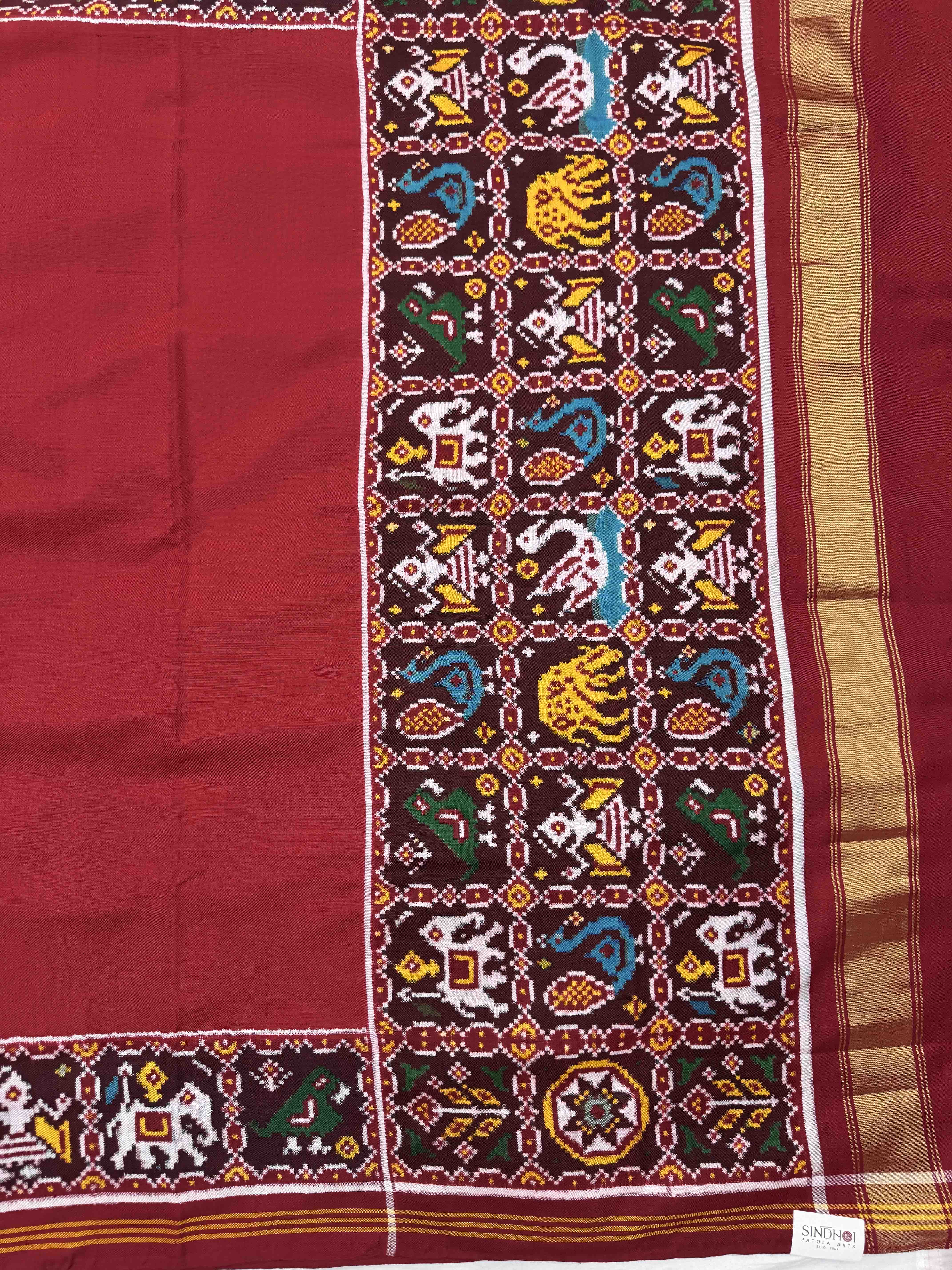 Red Plain with Narikunj Border Pallu Double Ikat Patan Patola Saree