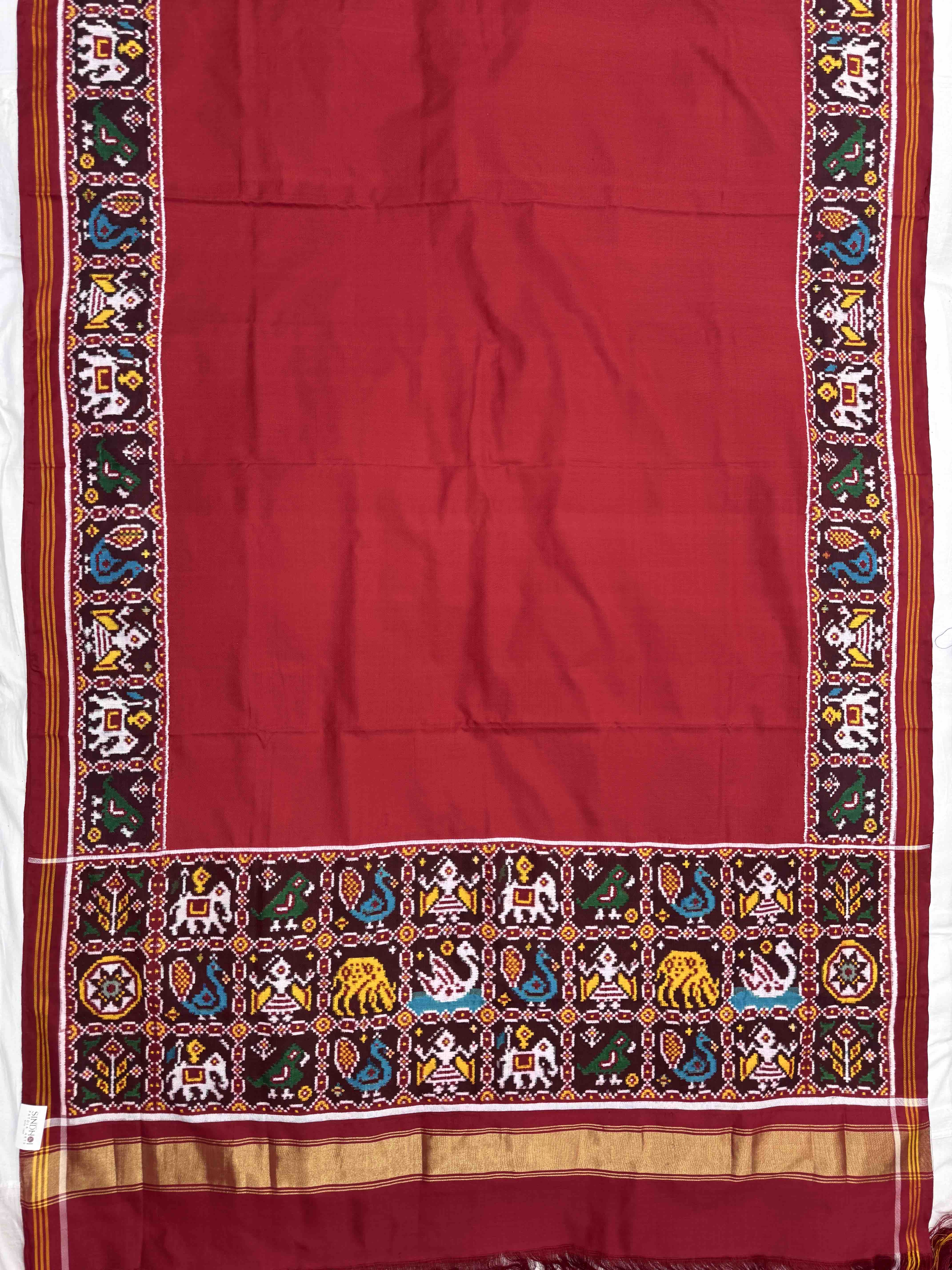 Red Plain with Narikunj Border Pallu Double Ikat Patan Patola Saree