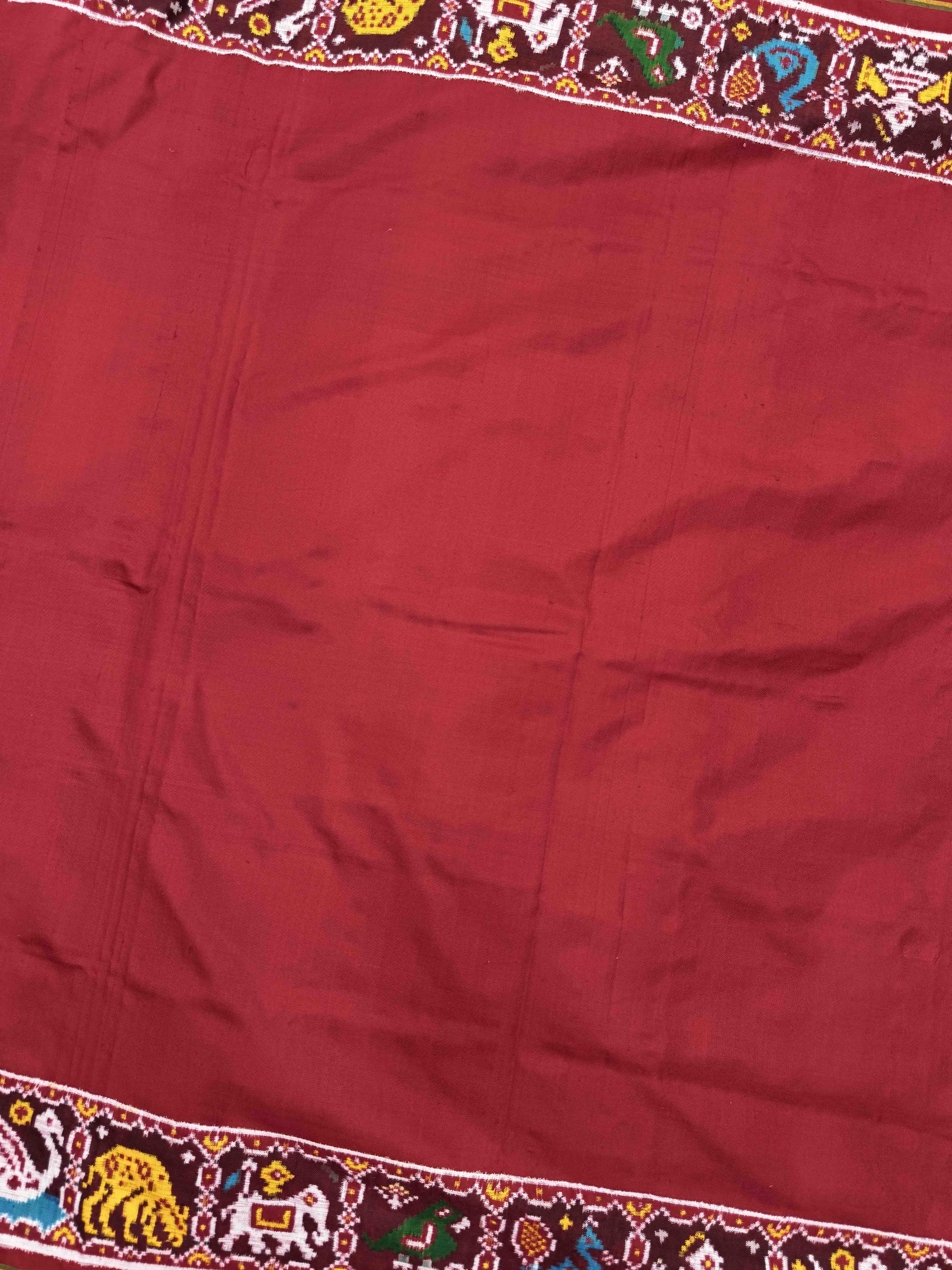 Red Plain with Narikunj Border Pallu Double Ikat Patan Patola Saree