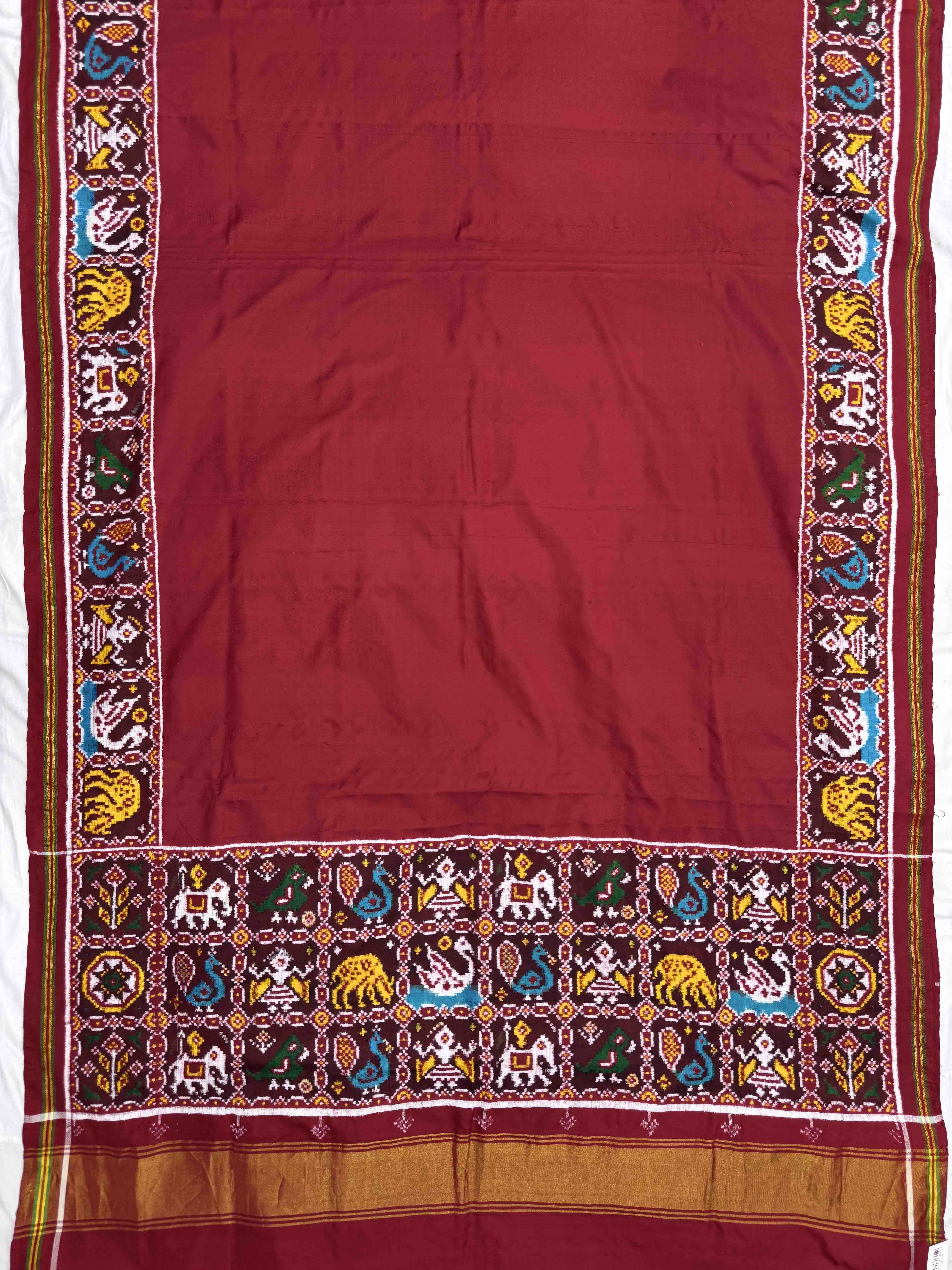 Red Plain with Narikunj Border Pallu Double Ikat Patan Patola Saree
