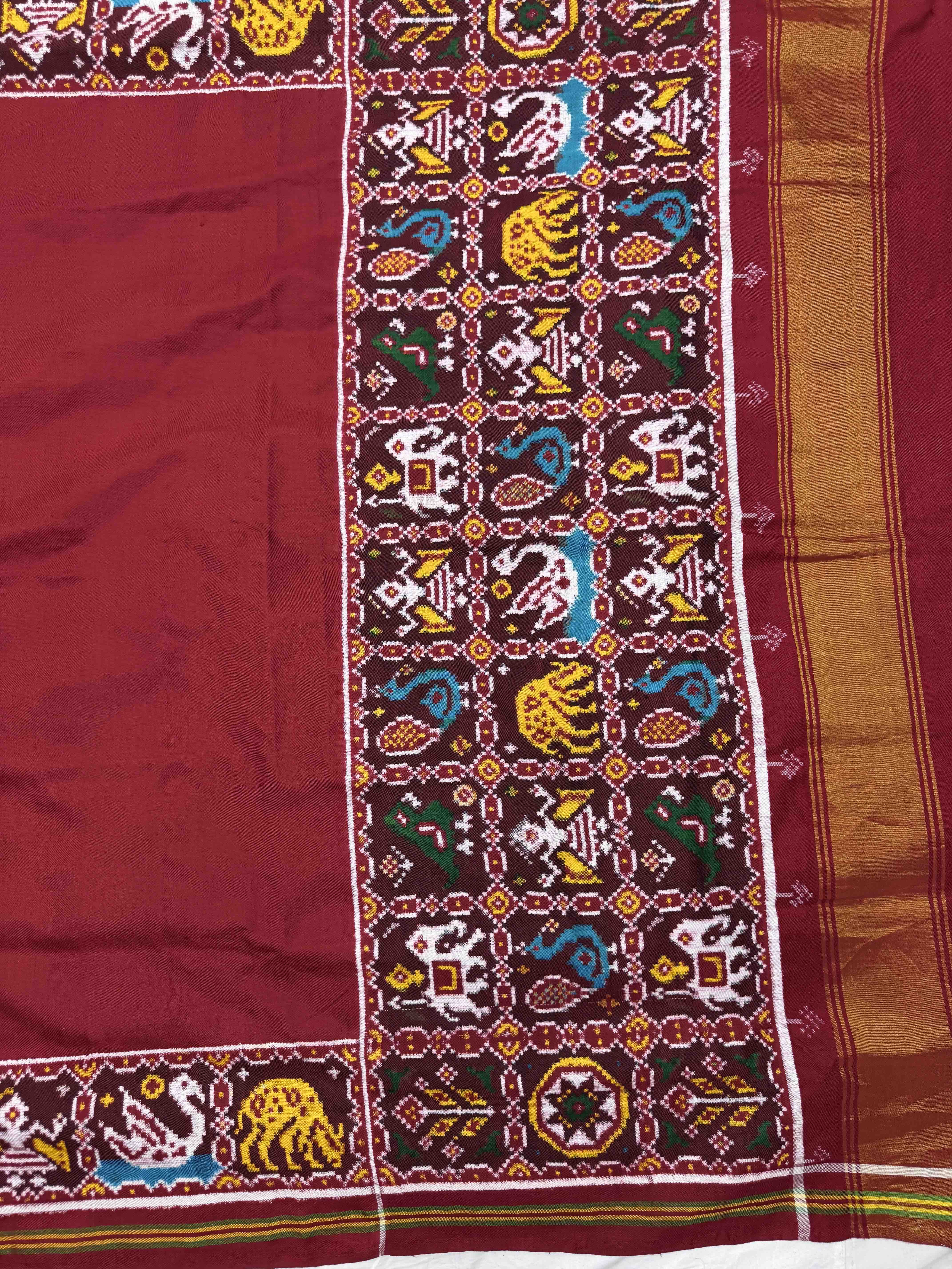 Red Plain with Narikunj Border Pallu Double Ikat Patan Patola Saree