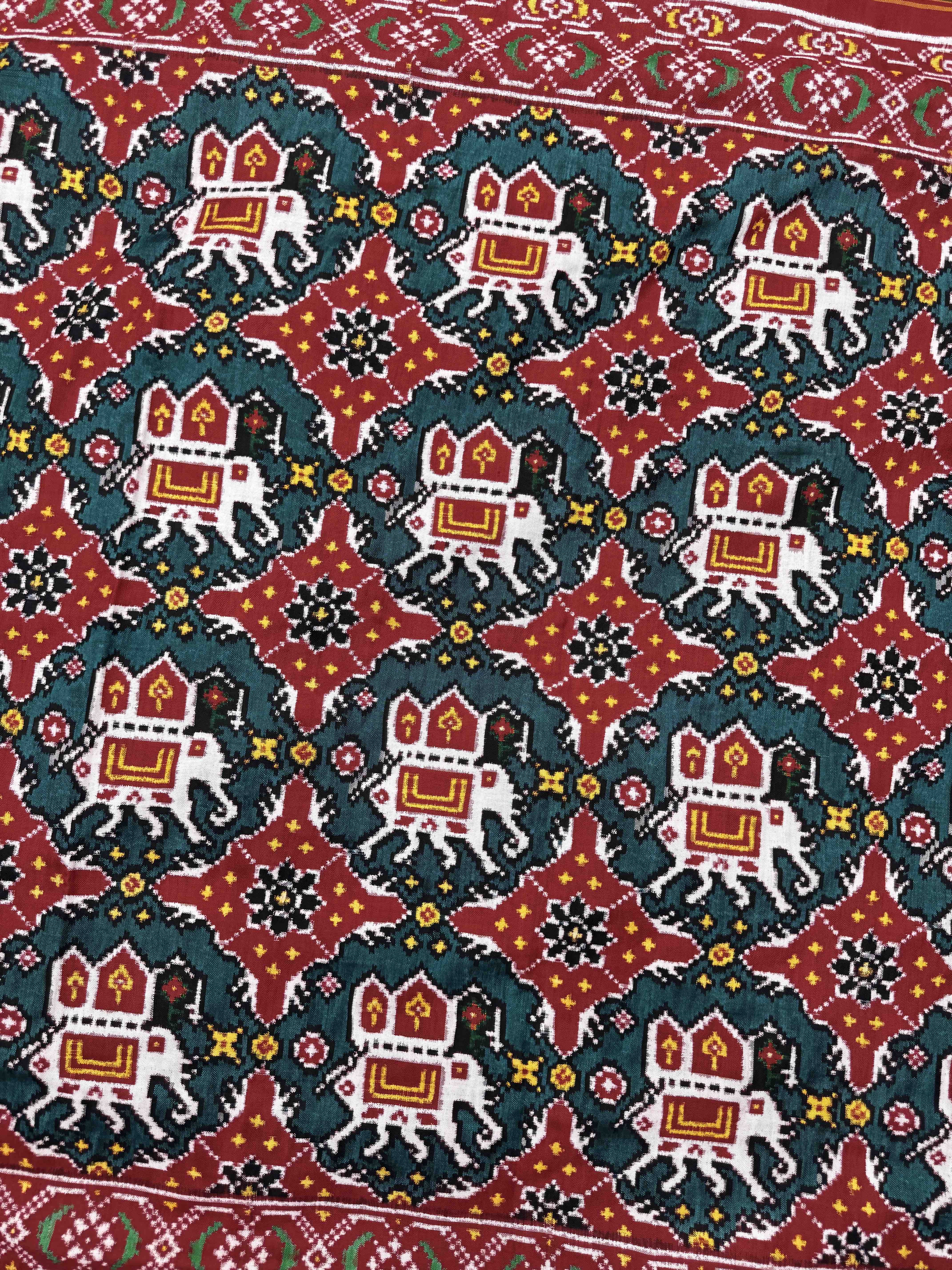 Red & Turquoise Elephant Chhabdi Double Ikat Patan Patola Saree