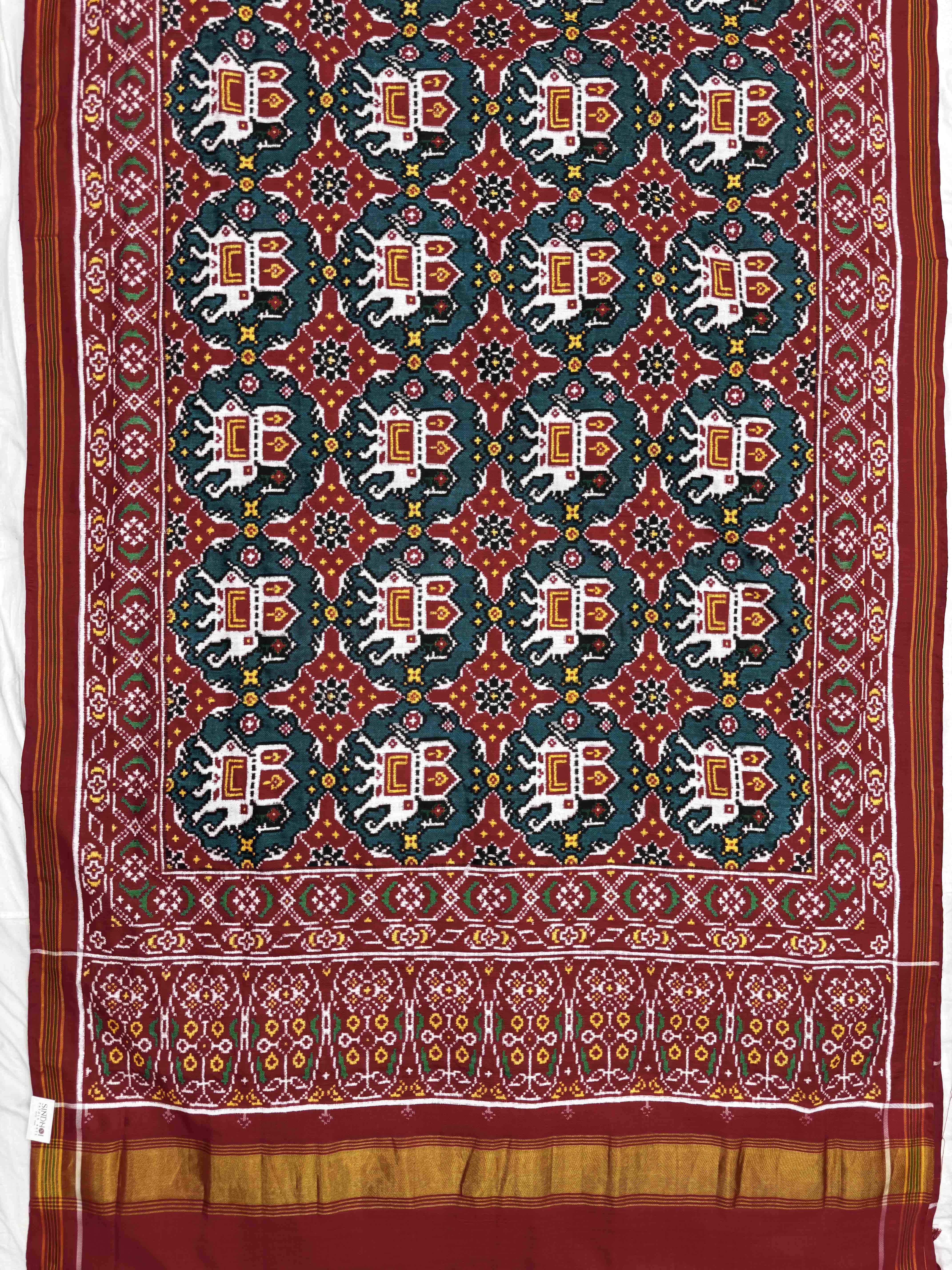 Red & Turquoise Elephant Chhabdi Double Ikat Patan Patola Saree