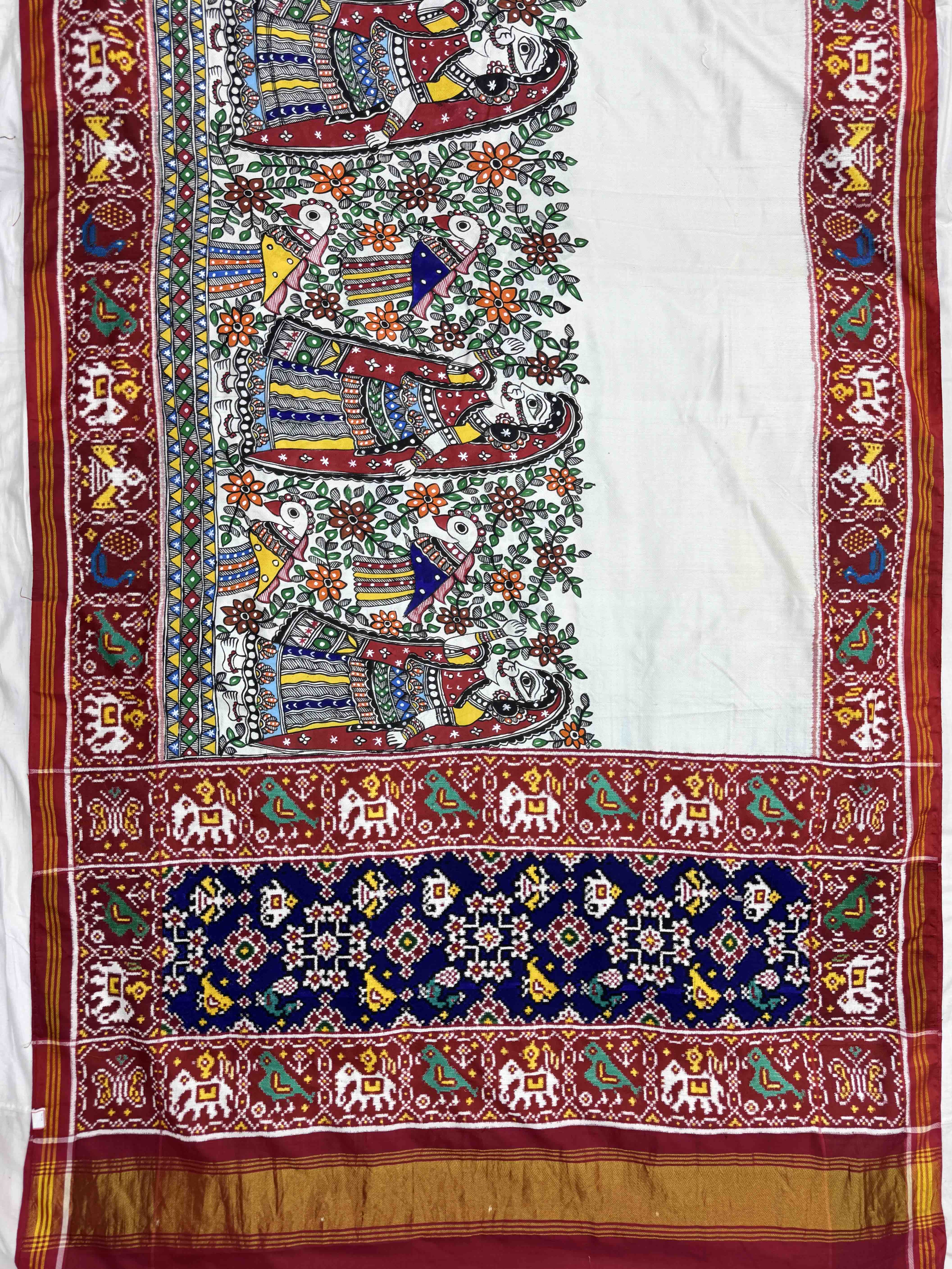 Red & White Madhubani Hand Painting with Fusion Design Double Ikat Patan Patola Saree