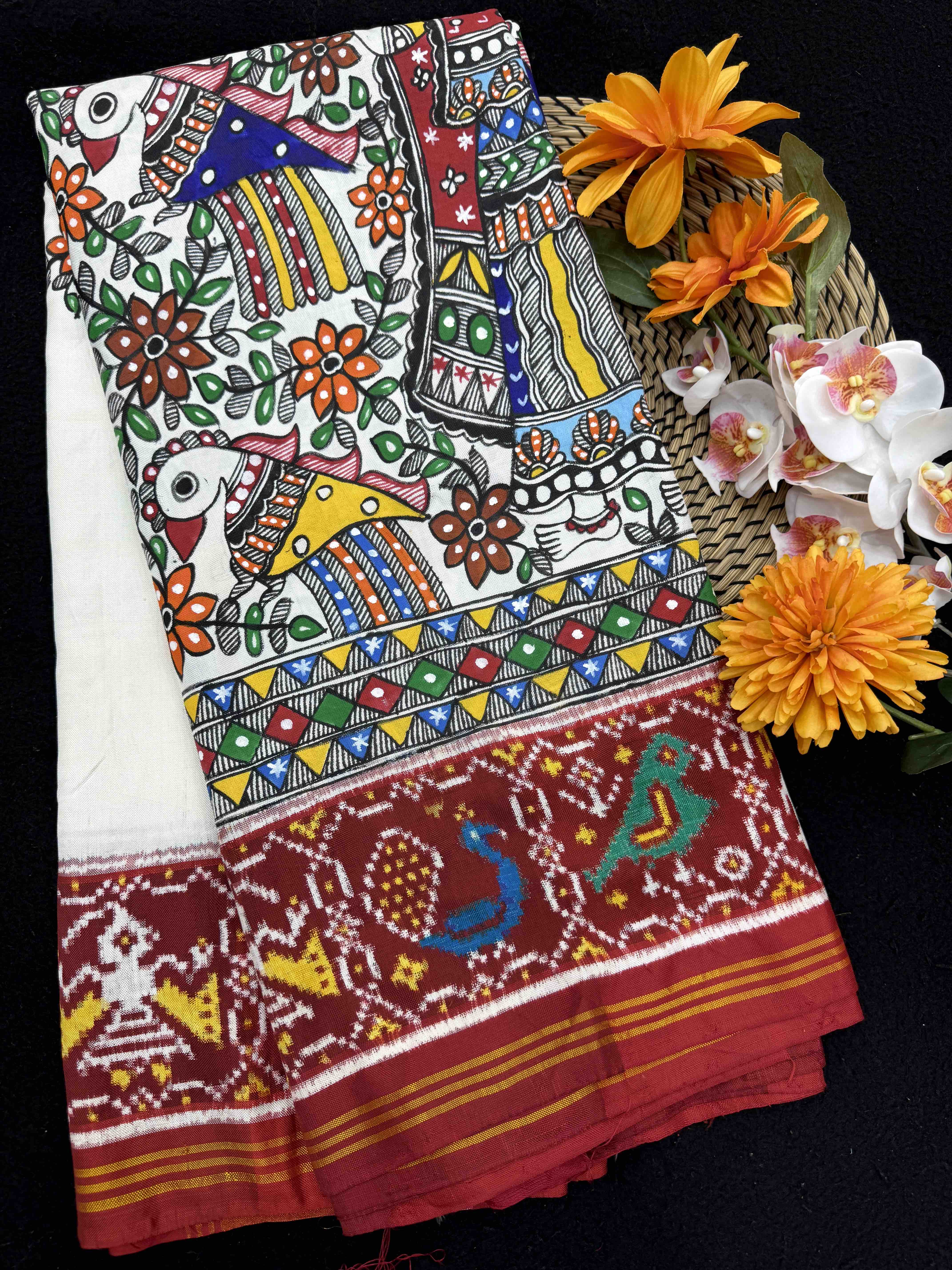 Red & White Madhubani Hand Painting with Fusion Design Double Ikat Patan Patola Saree