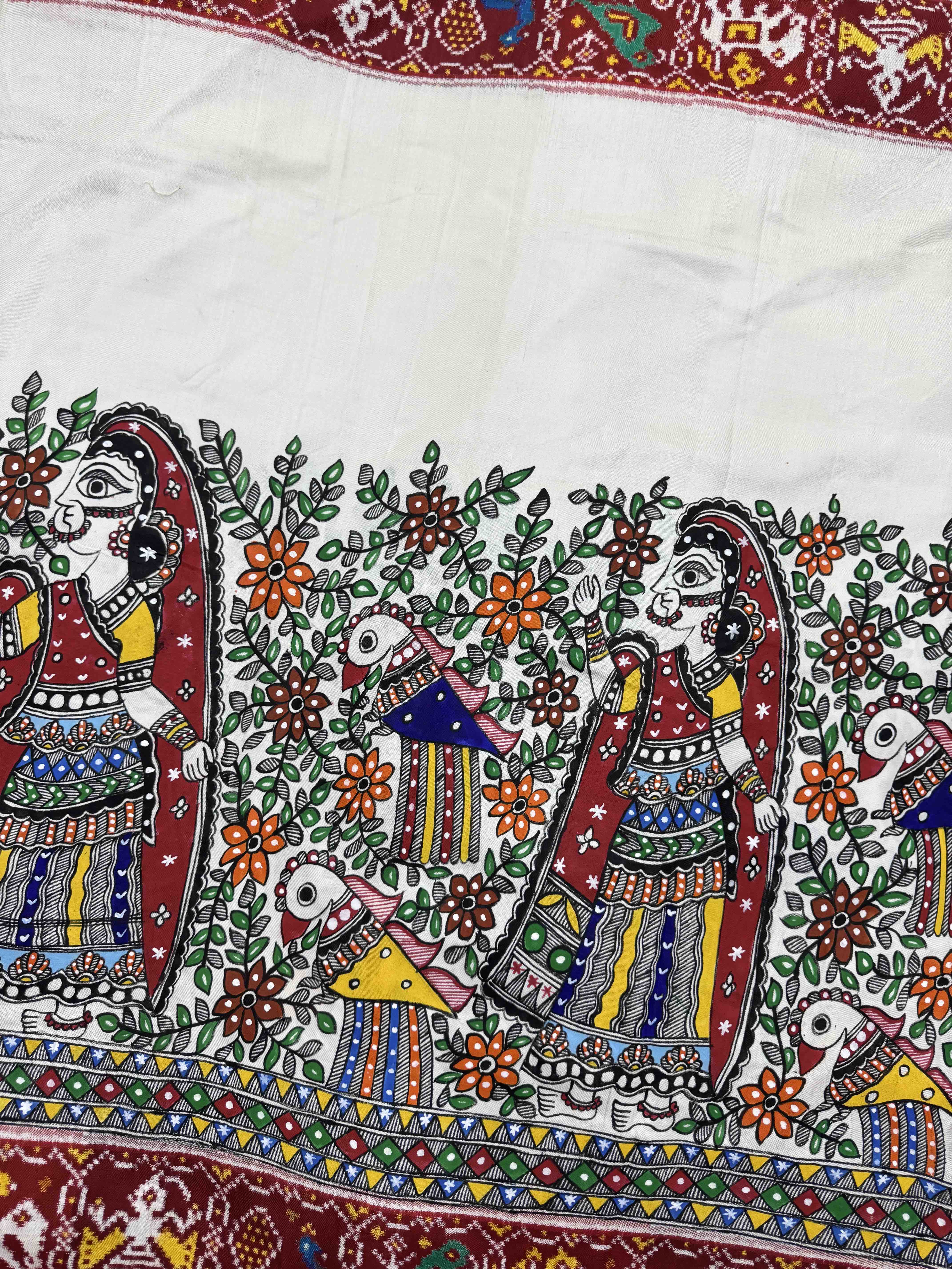 Red & White Madhubani Hand Painting with Fusion Design Double Ikat Patan Patola Saree
