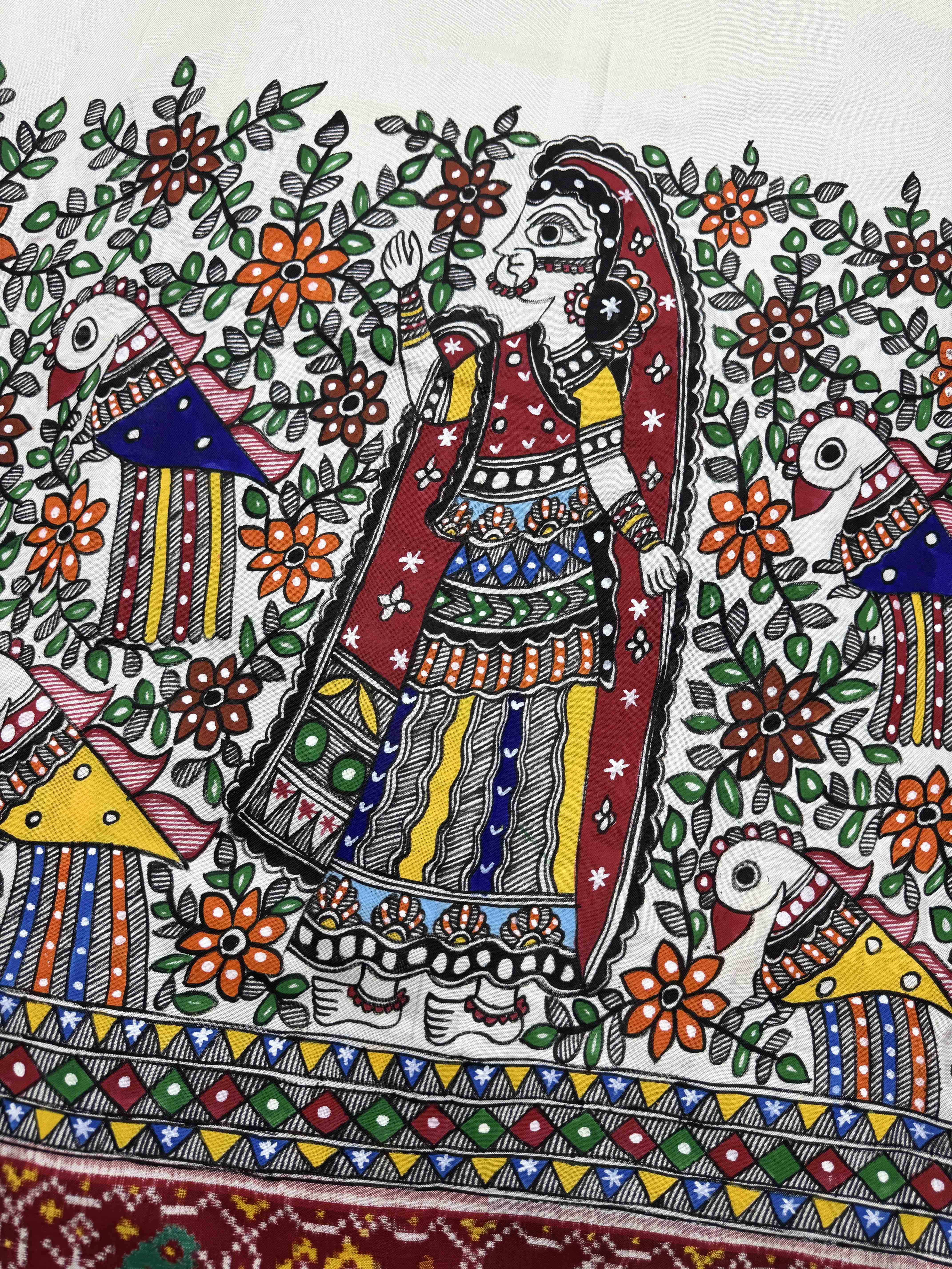 Red & White Madhubani Hand Painting with Fusion Design Double Ikat Patan Patola Saree