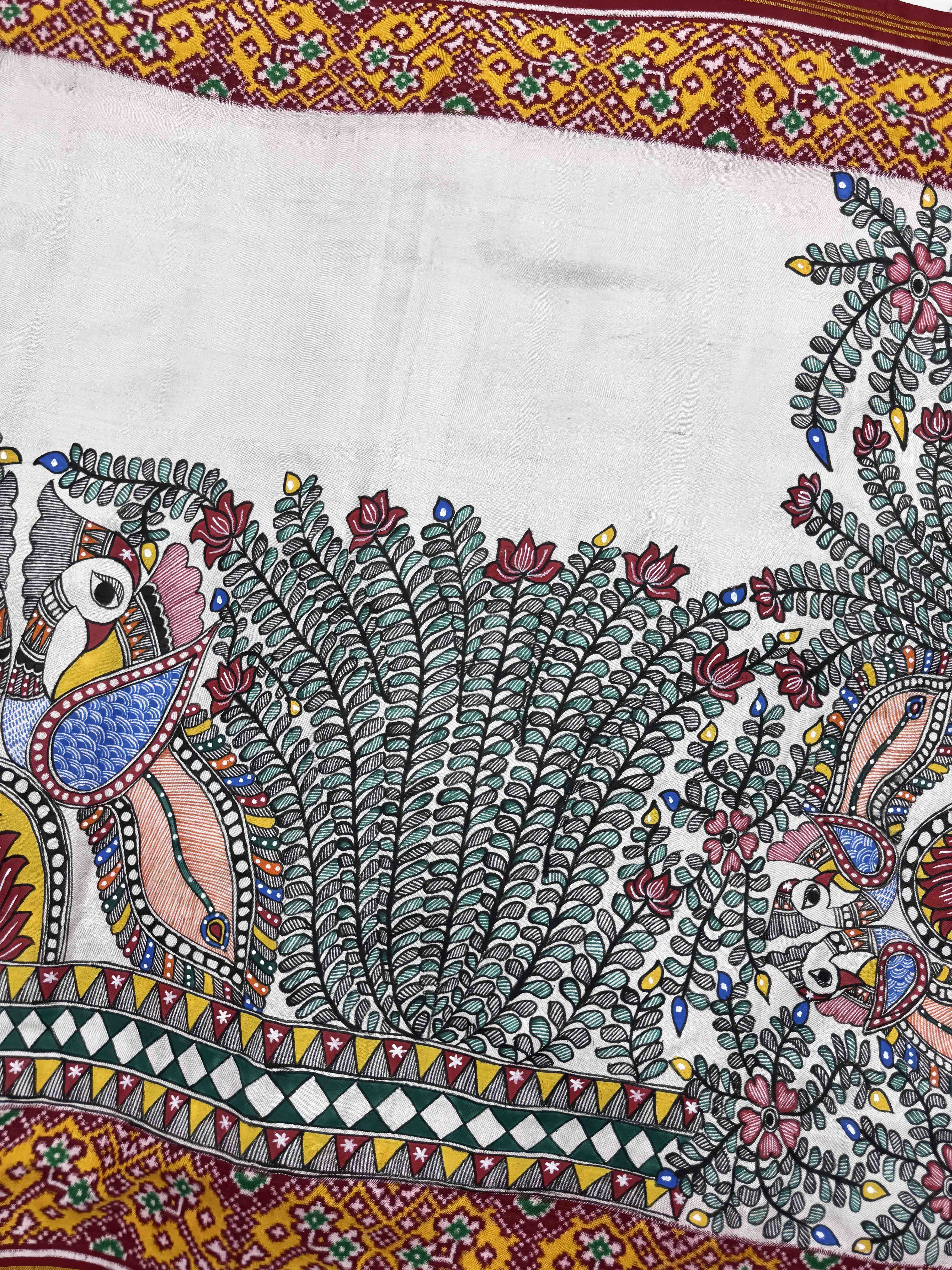 Red & White Madhubani Hand Painting with Fusion Design Double Ikat Patan Patola Saree