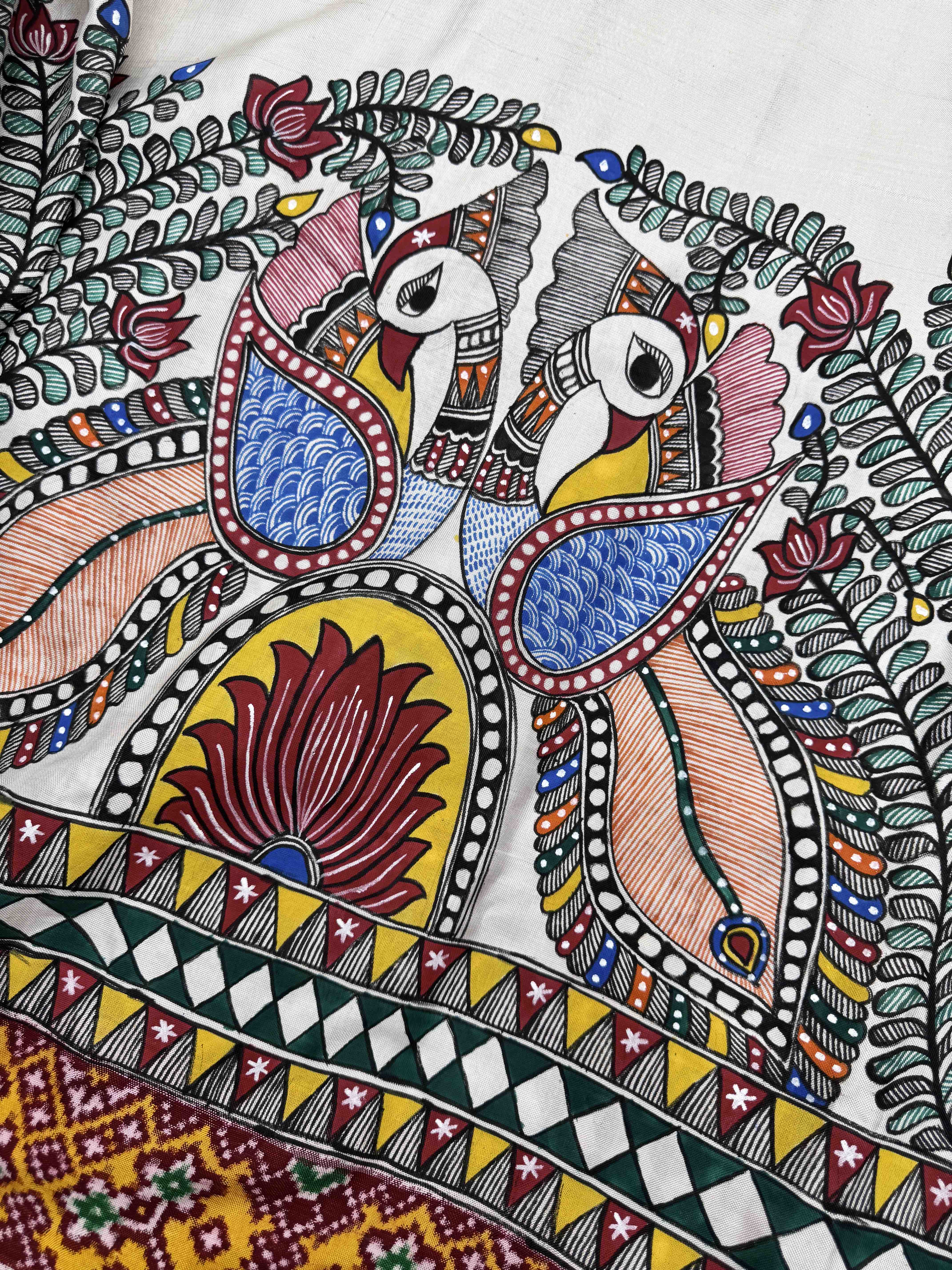 Red & White Madhubani Hand Painting with Fusion Design Double Ikat Patan Patola Saree