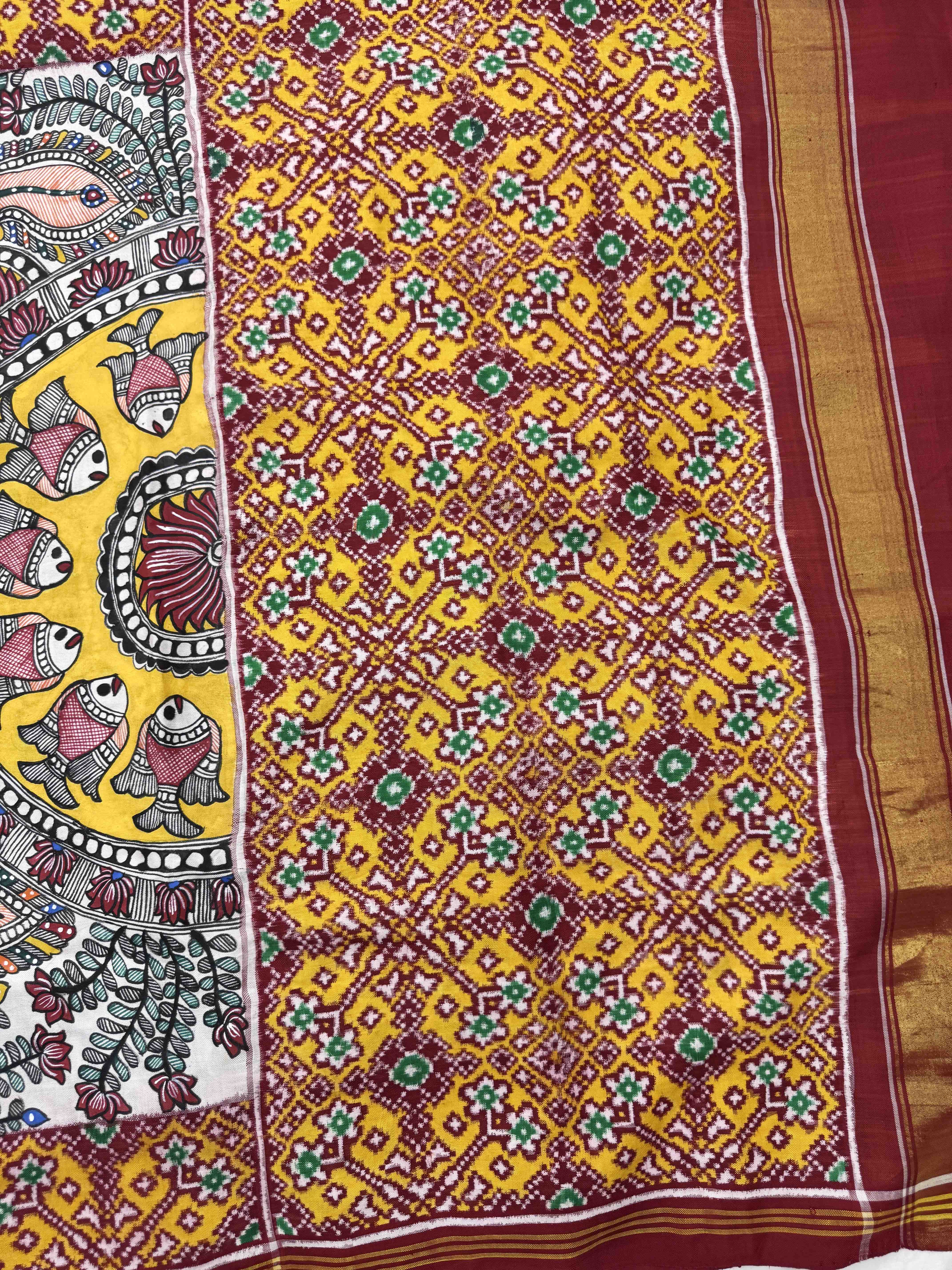Red & White Madhubani Hand Painting with Fusion Design Double Ikat Patan Patola Saree