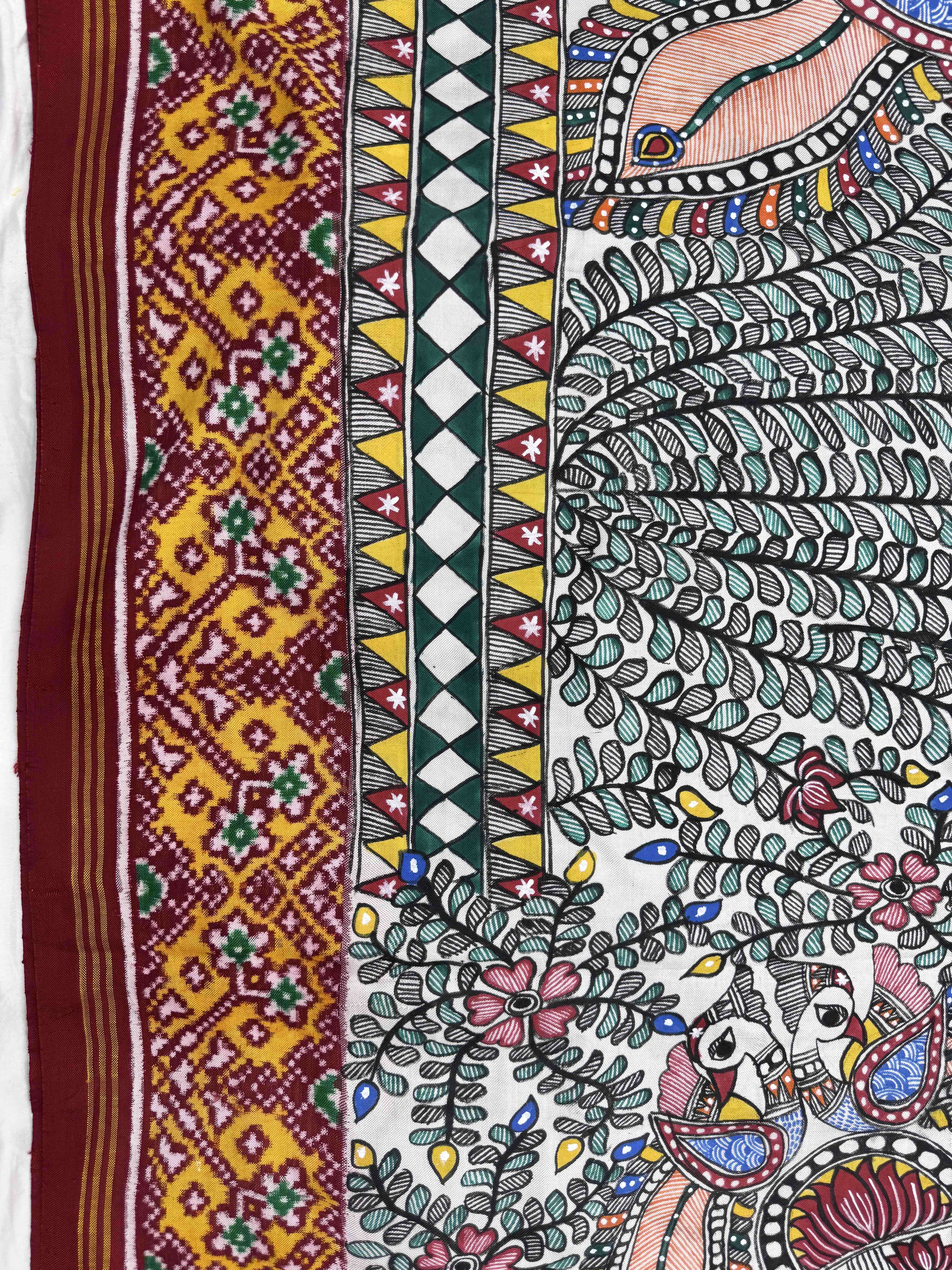Red & White Madhubani Hand Painting with Fusion Design Double Ikat Patan Patola Saree