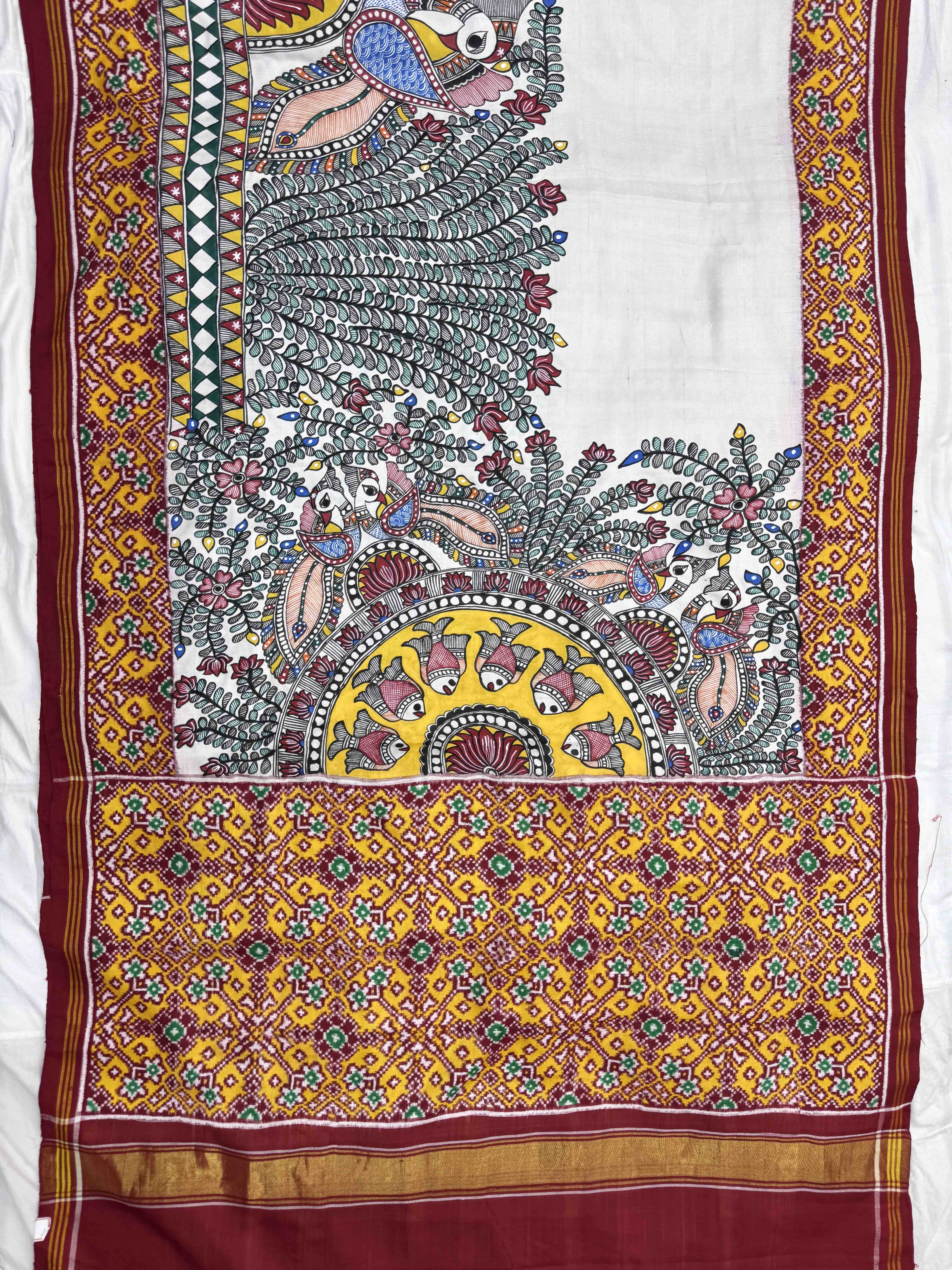 Red & White Madhubani Hand Painting with Fusion Design Double Ikat Patan Patola Saree