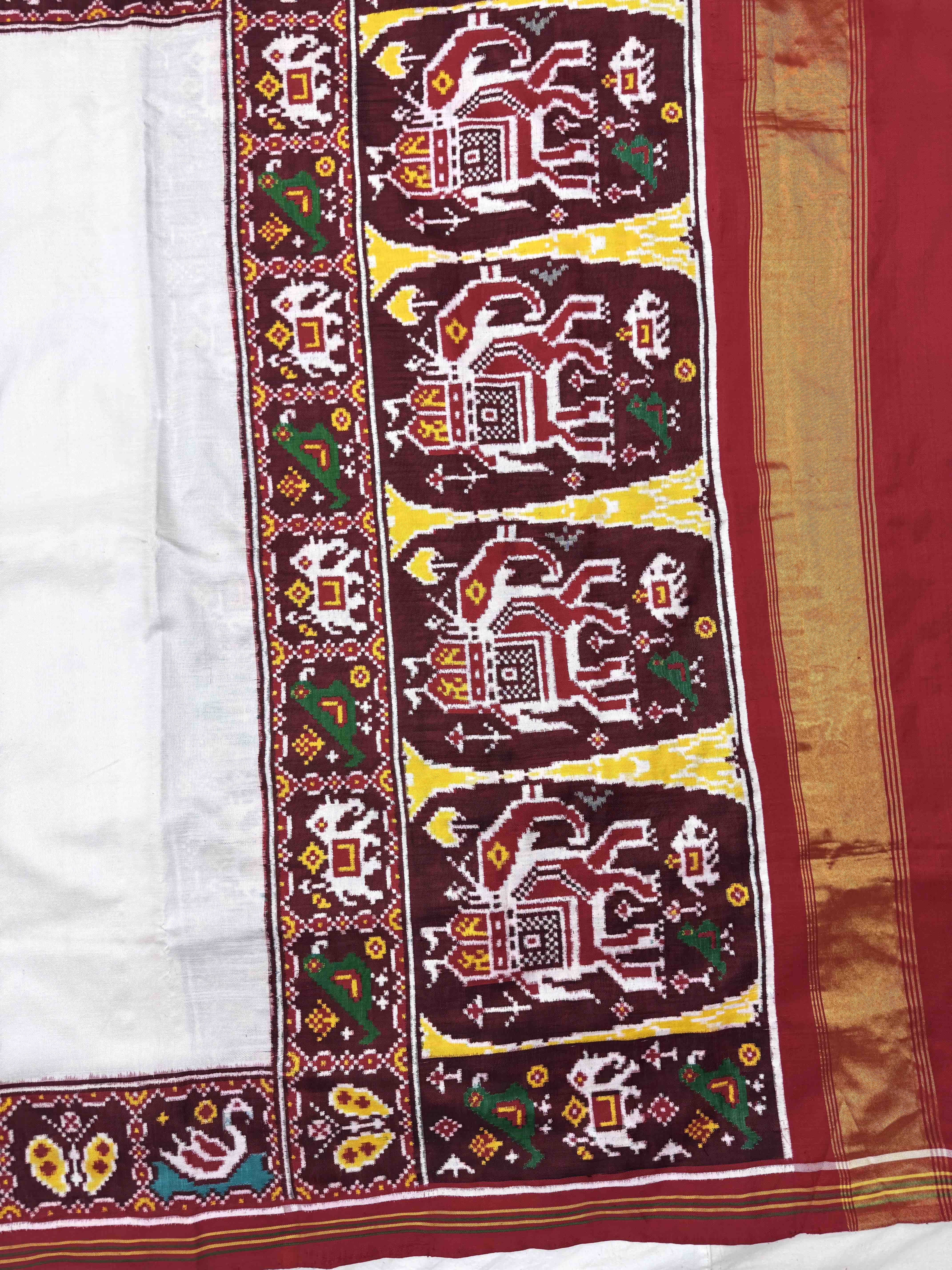Red & White with Elephant Figure Pallu Double Ikat Patan Patola Saree