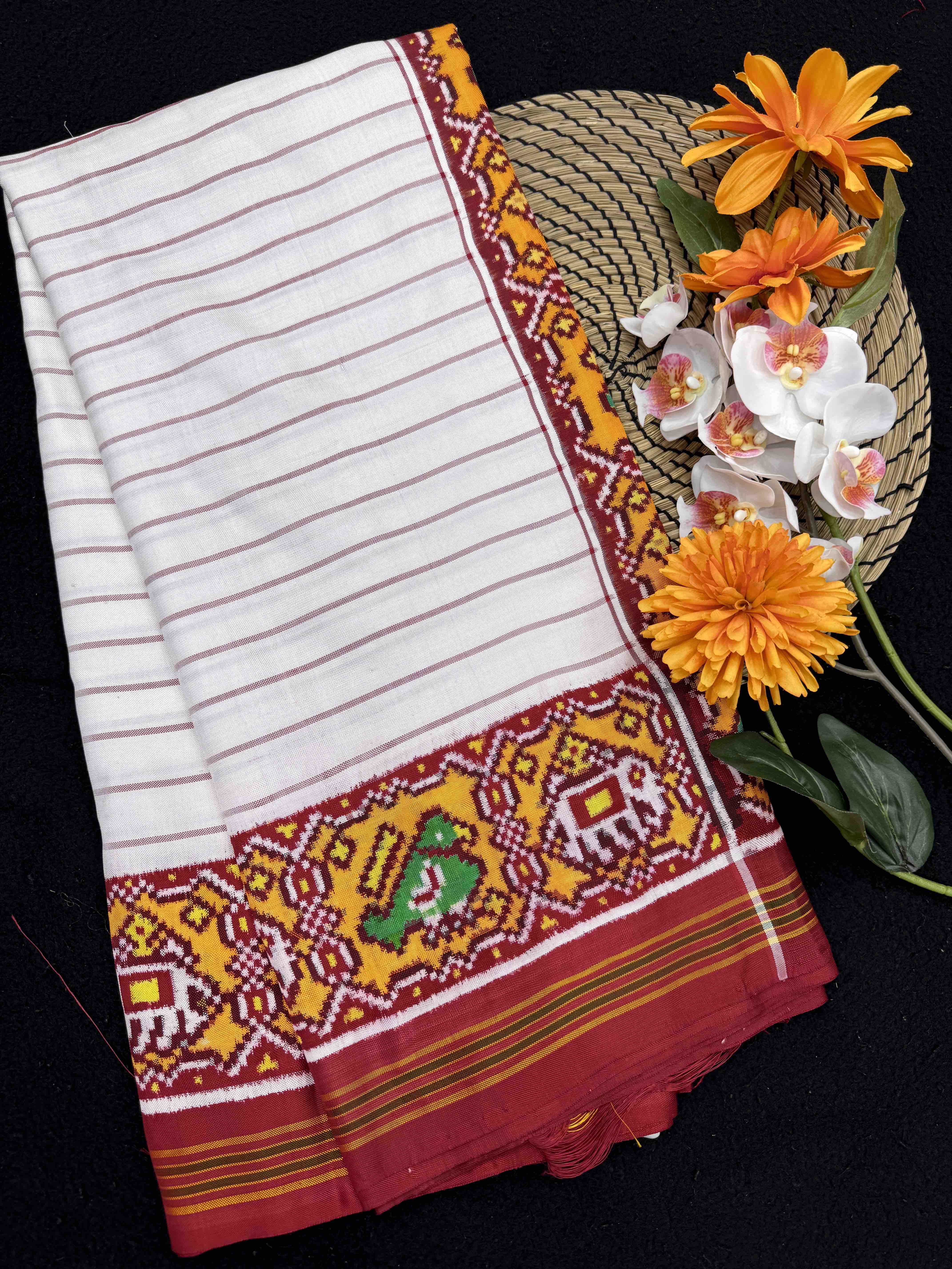Red & White Lining Double Ikat Patan Patola Saree