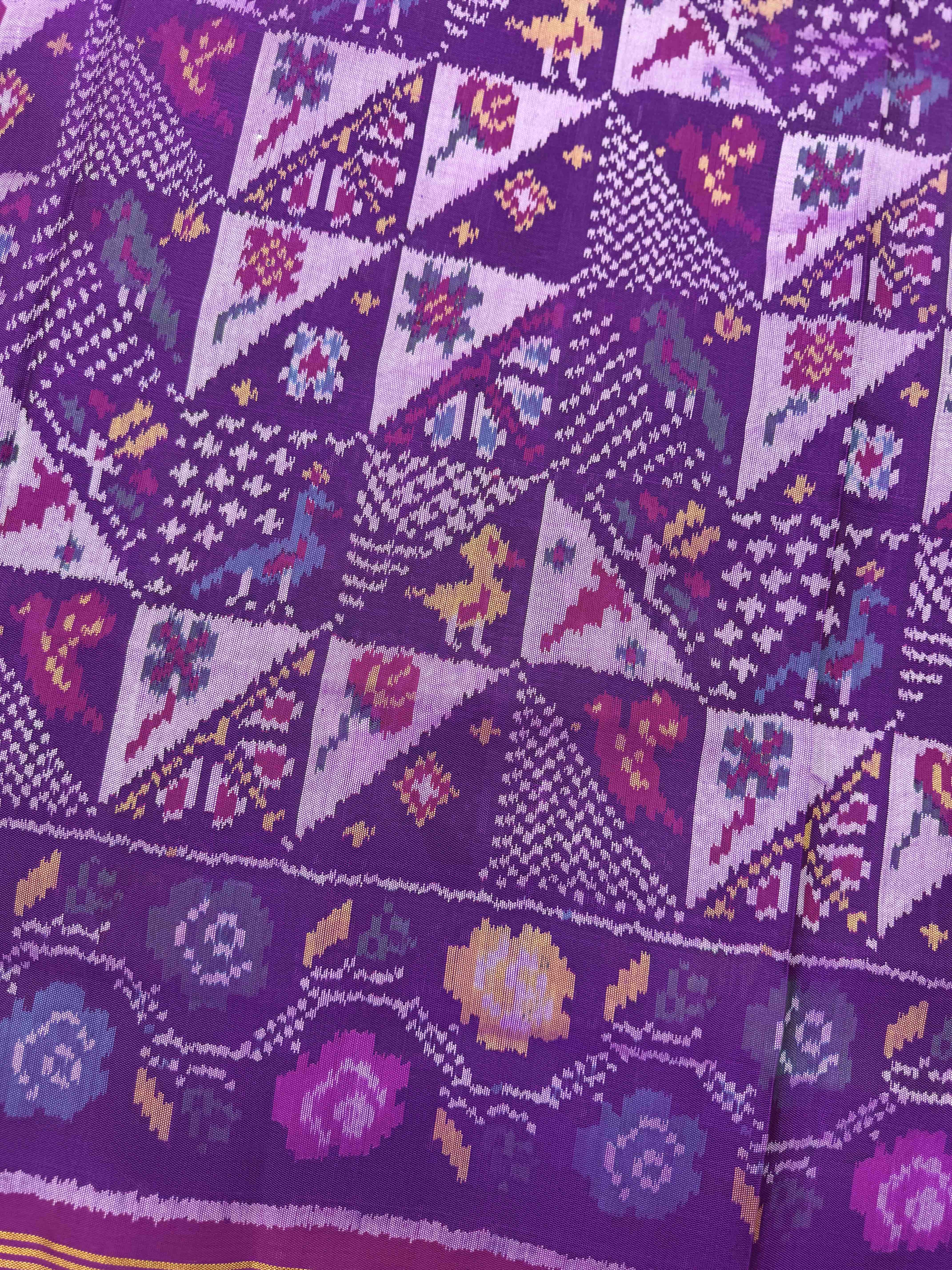 Purple Fancy Flower Birds Single Ikat Patan Patola Saree