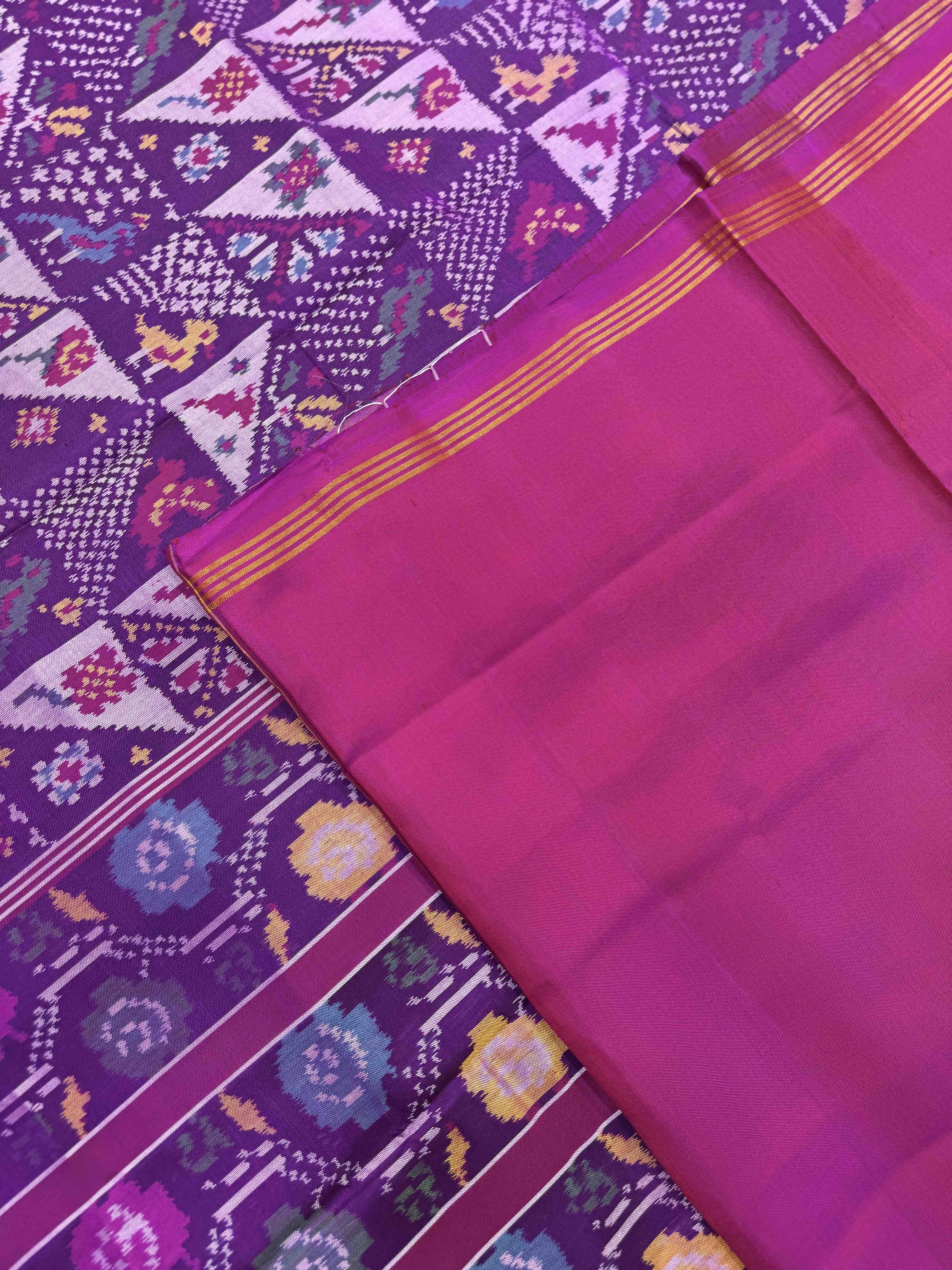 Purple Fancy Flower Birds Single Ikat Patan Patola Saree