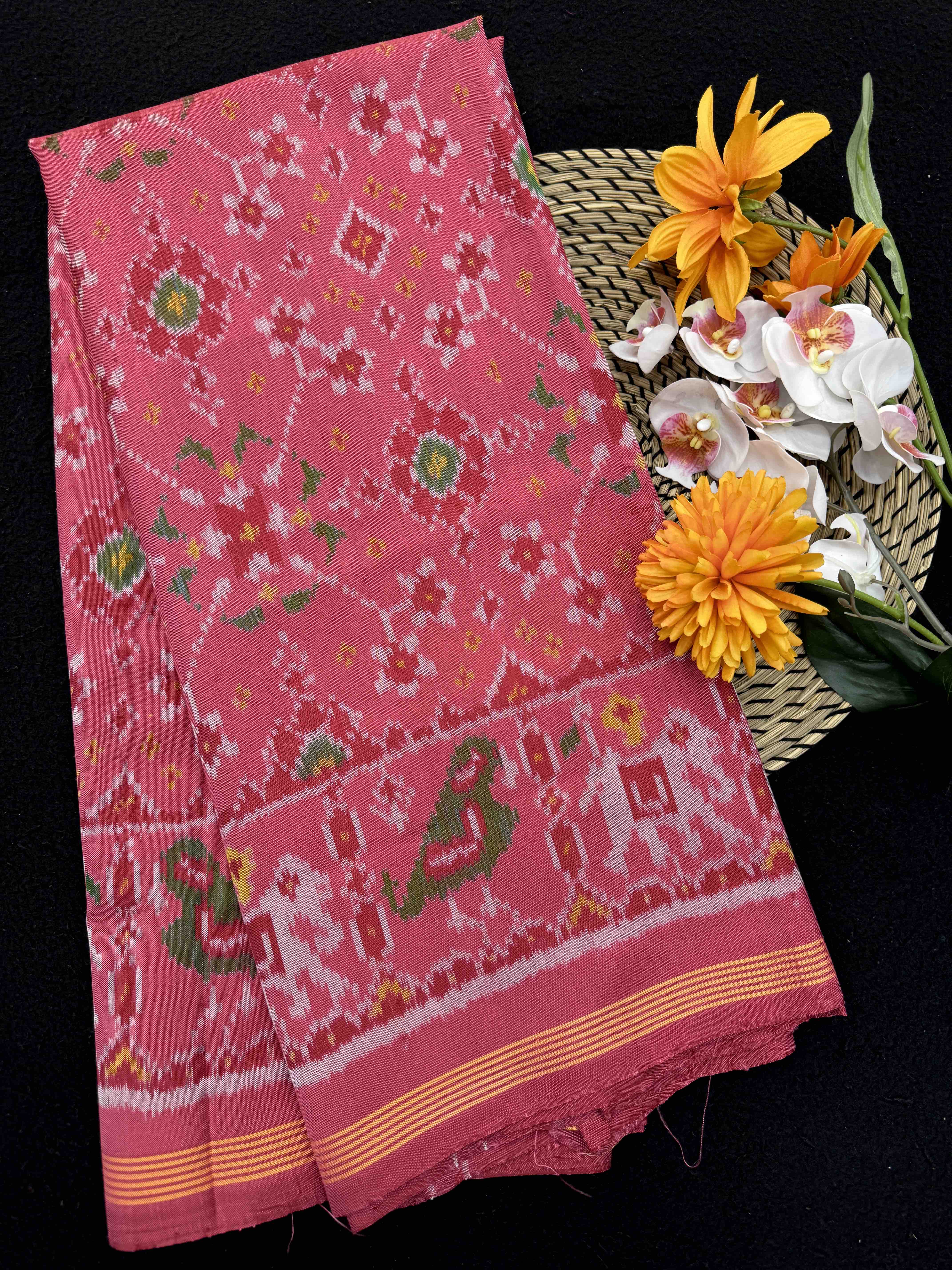 Peach Pink Navratan Single Ikat Patan Patola Saree