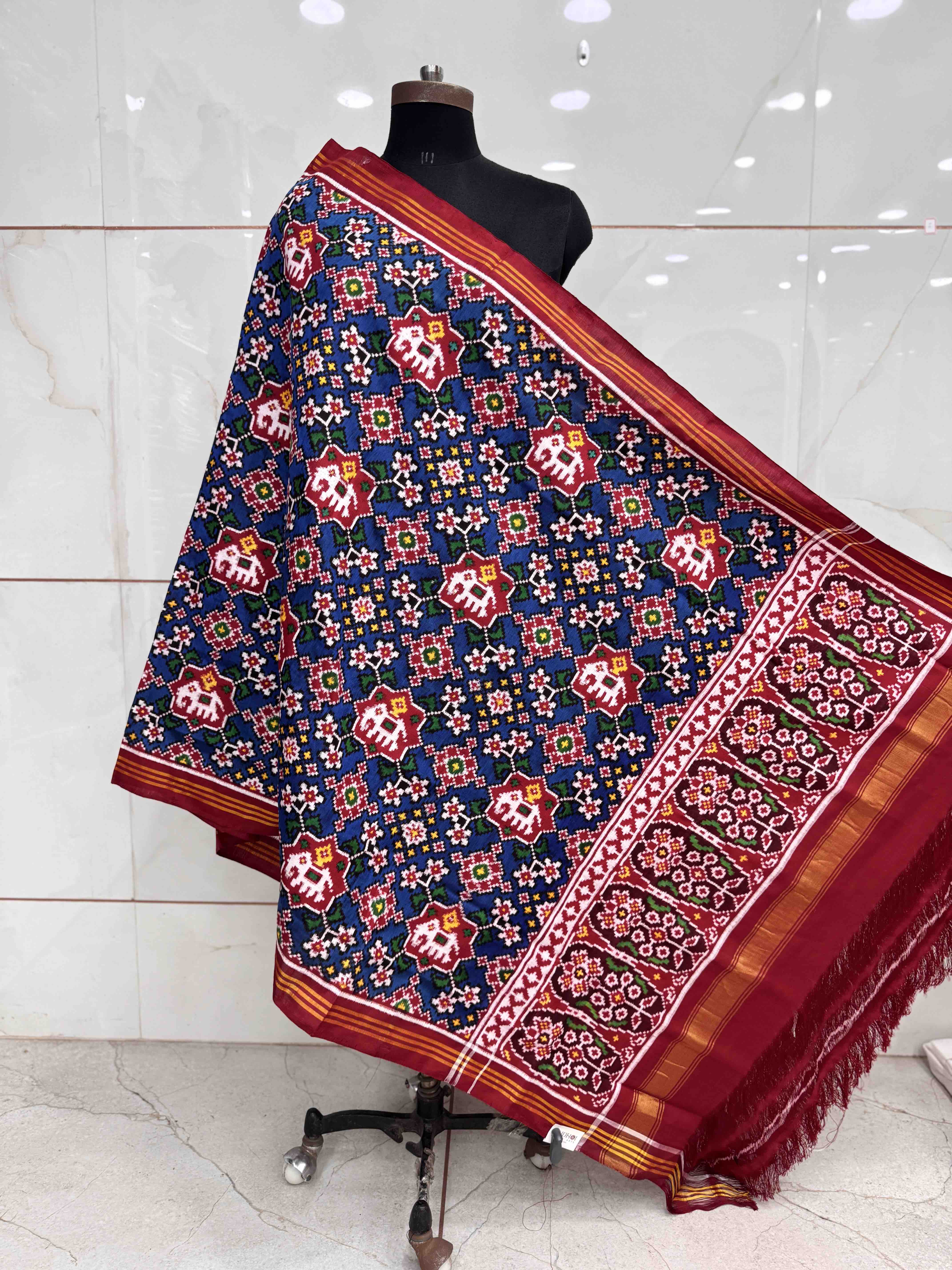 Red & Blue Elephant Navratan Double Ikat Patan Patola Dupatta