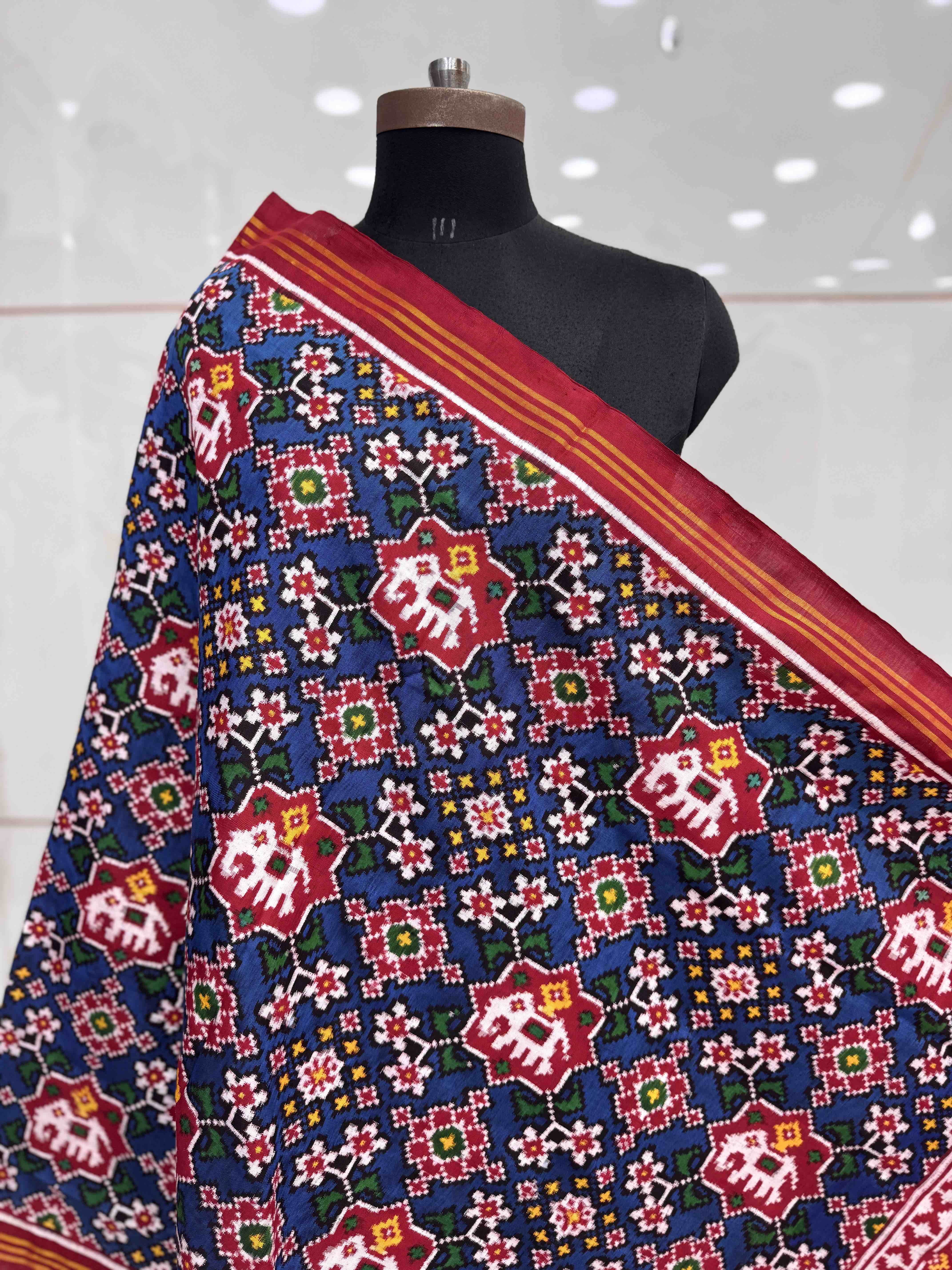 Red & Blue Elephant Navratan Double Ikat Patan Patola Dupatta