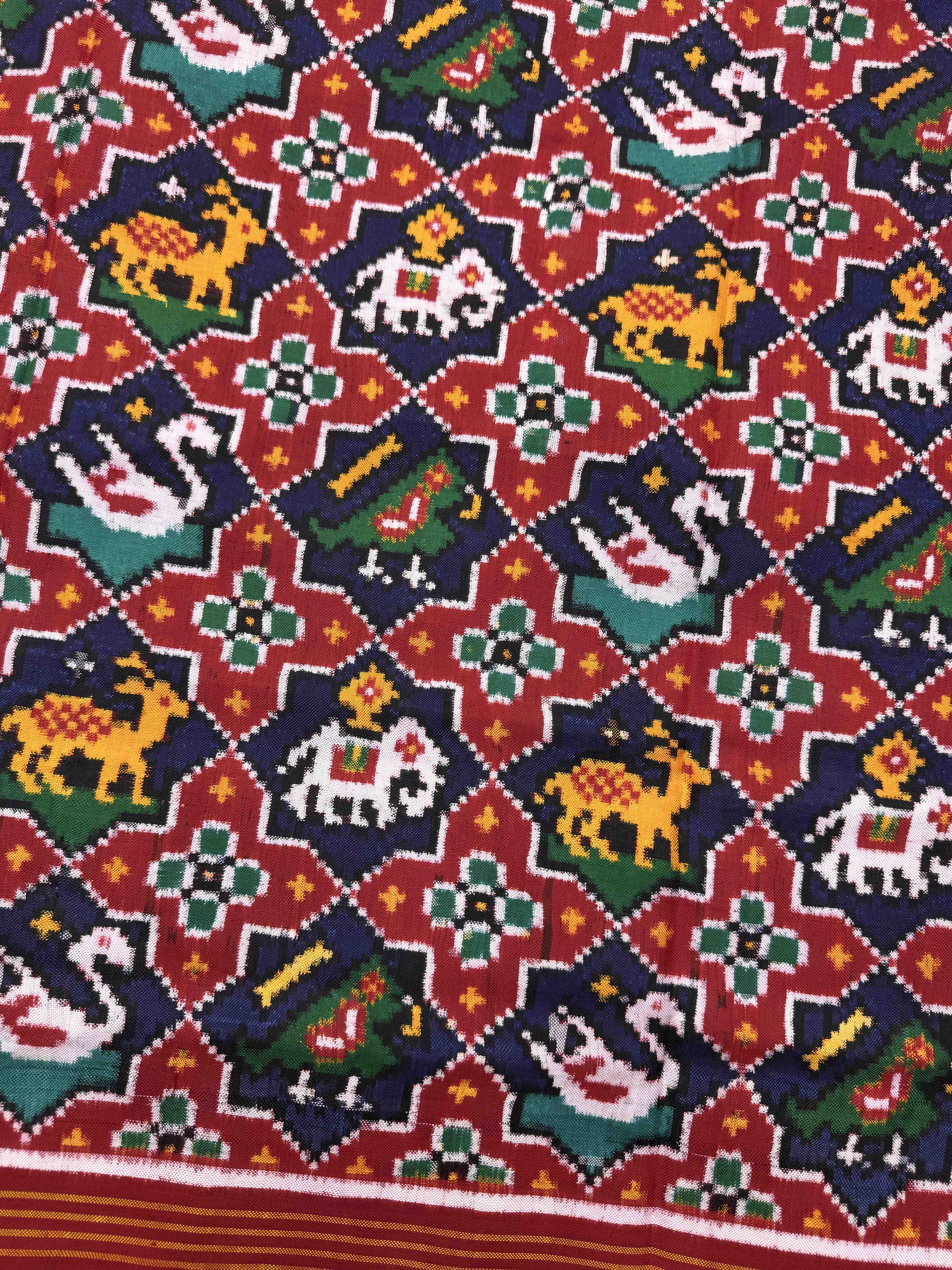Red & Blue Star Narikunj Double Ikat Patan Patola Dupatta