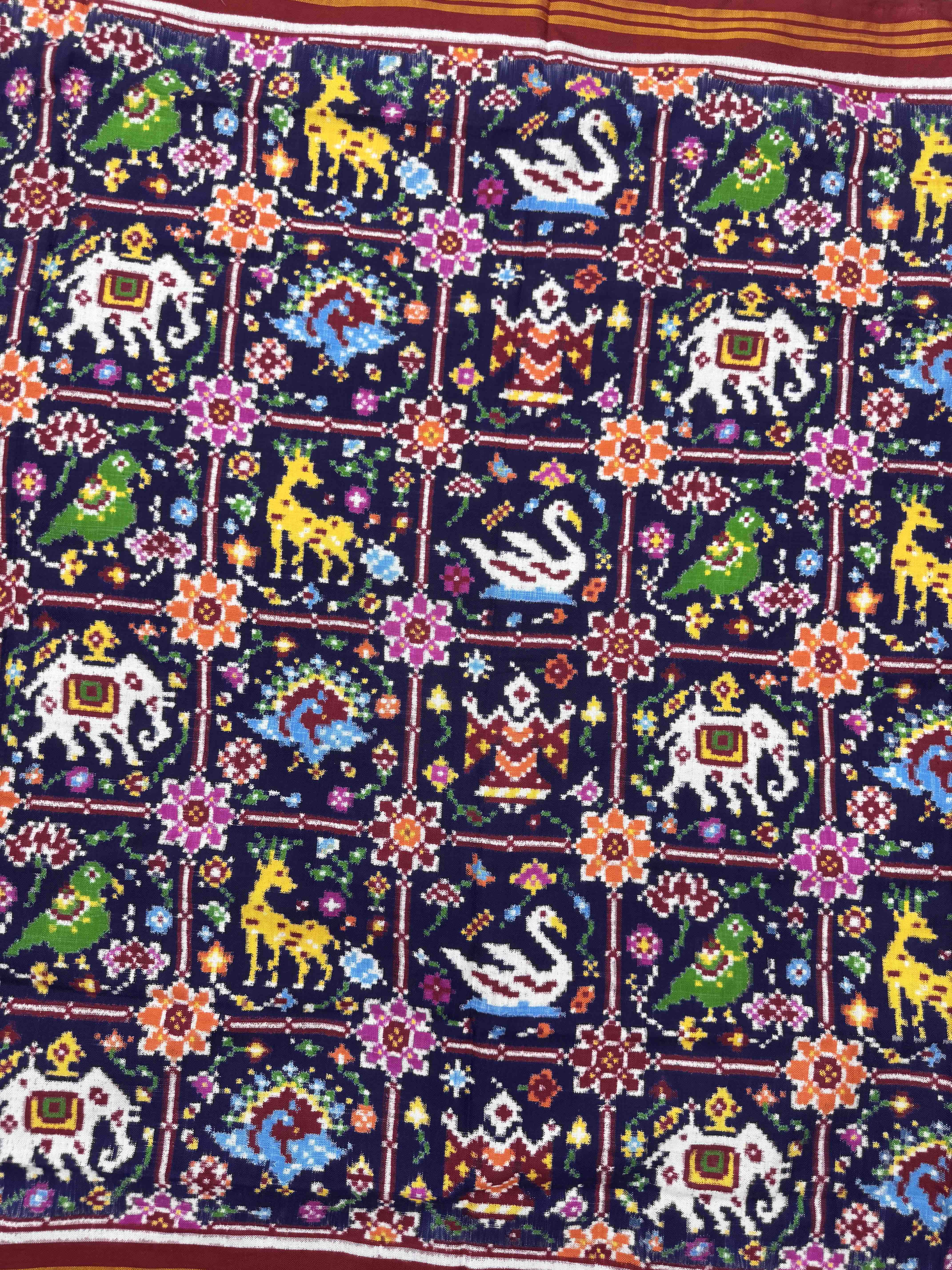 Red & Dark Blue Square Narikunj Flower Double Ikat Patan Patola Dupatta