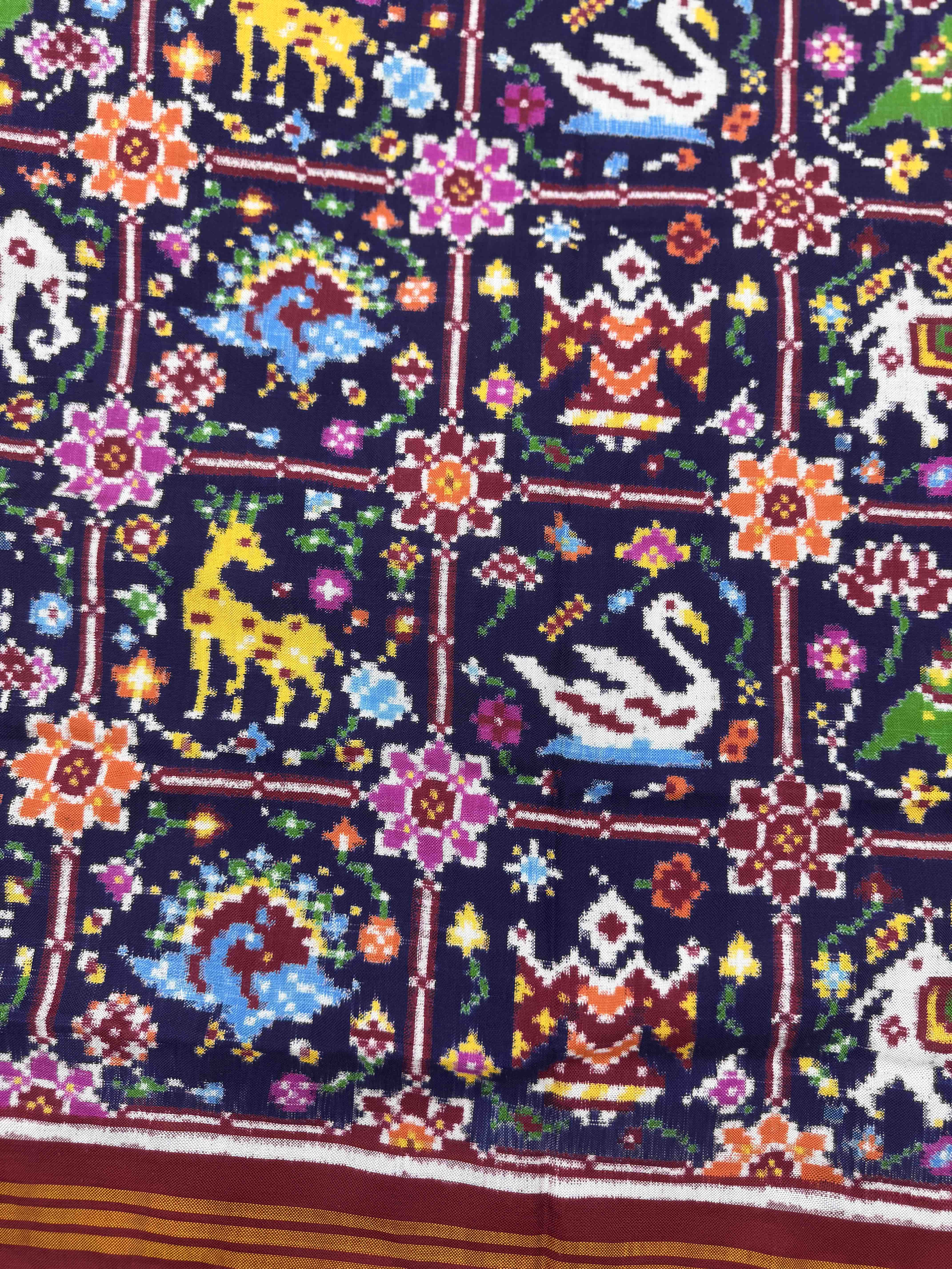 Red & Dark Blue Square Narikunj Flower Double Ikat Patan Patola Dupatta