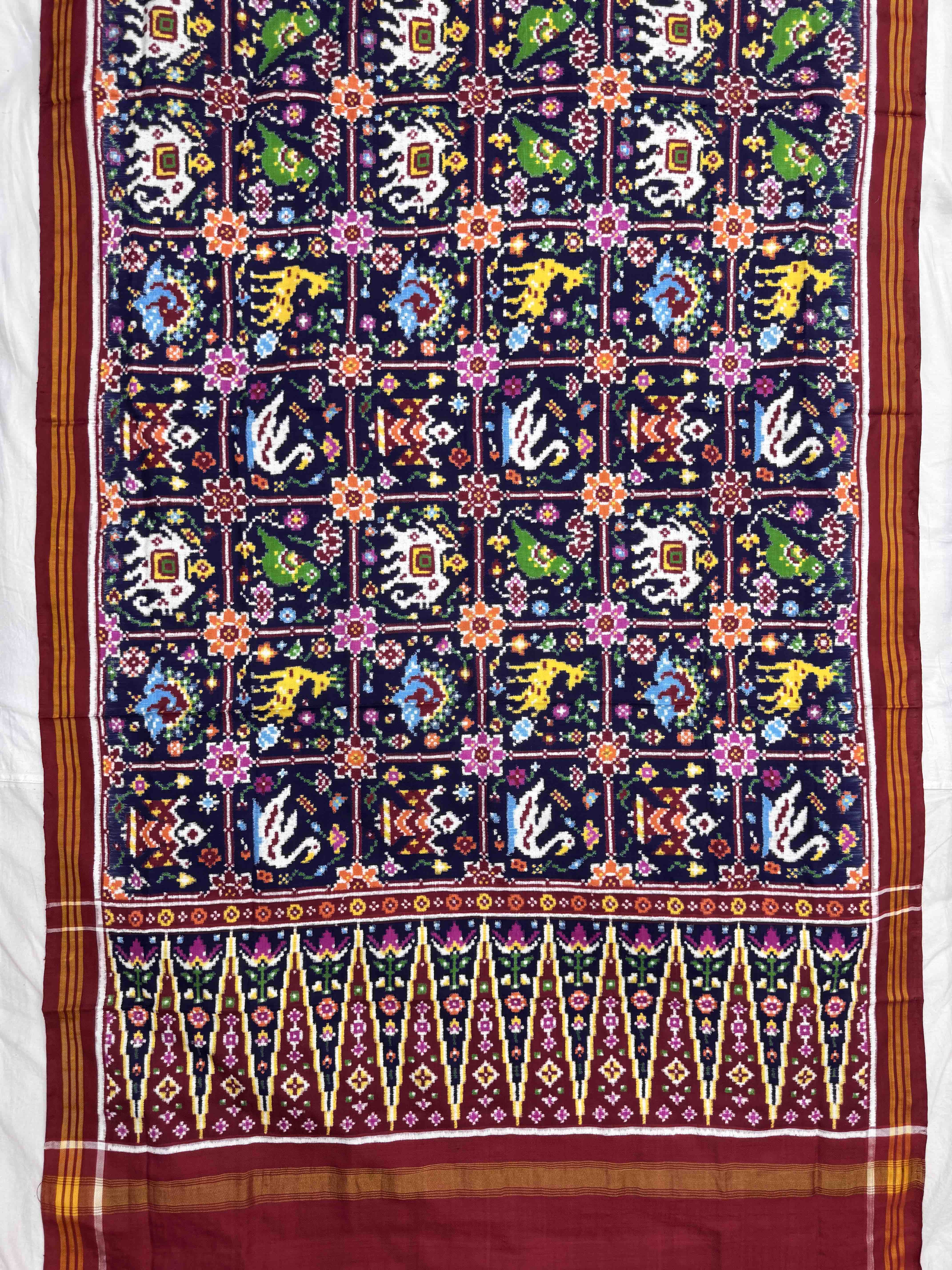 Red & Dark Blue Square Narikunj Flower Double Ikat Patan Patola Dupatta