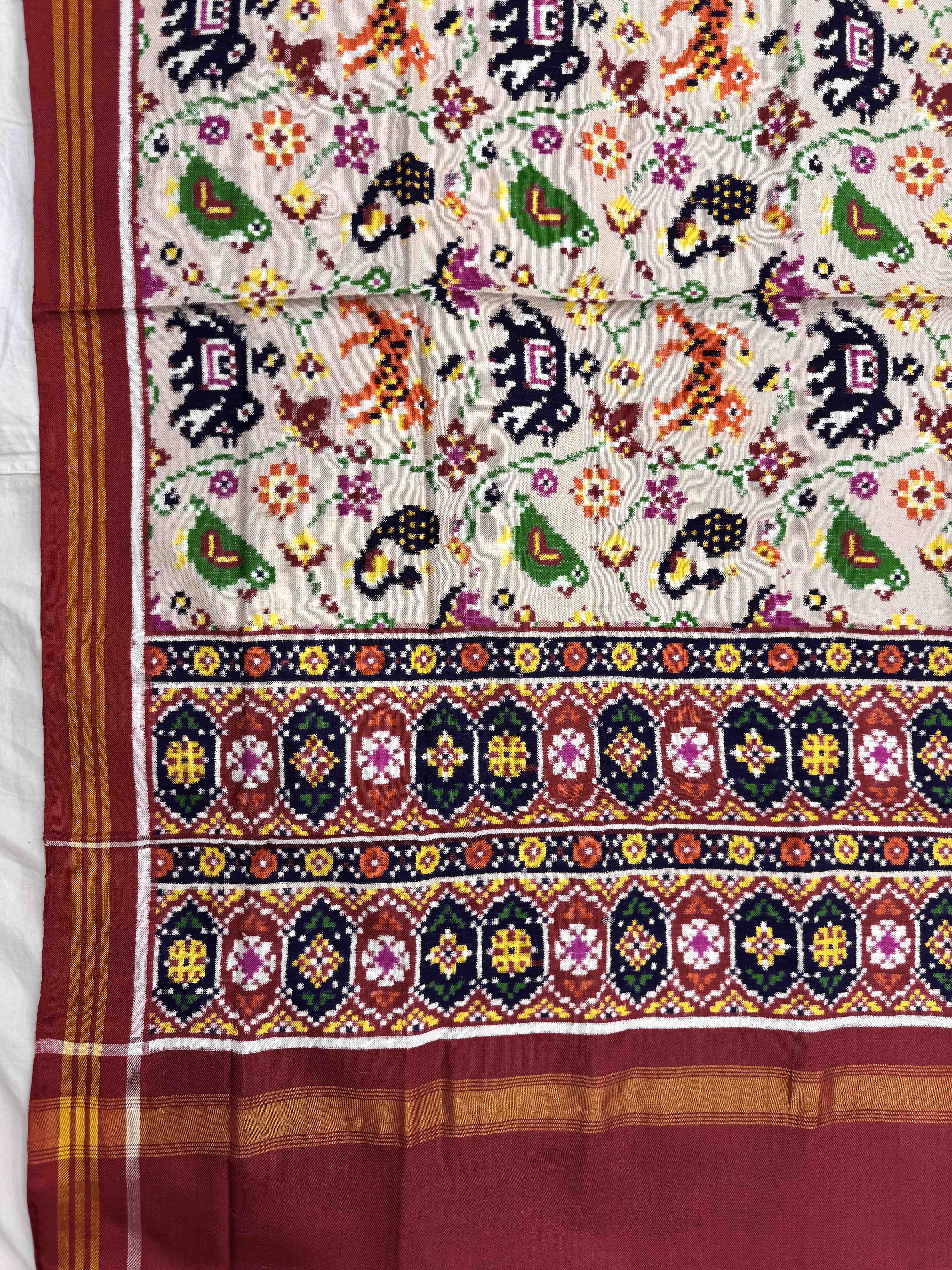 Red & Cream Narikunj Leaves Double Ikat Patan Patola Dupatta