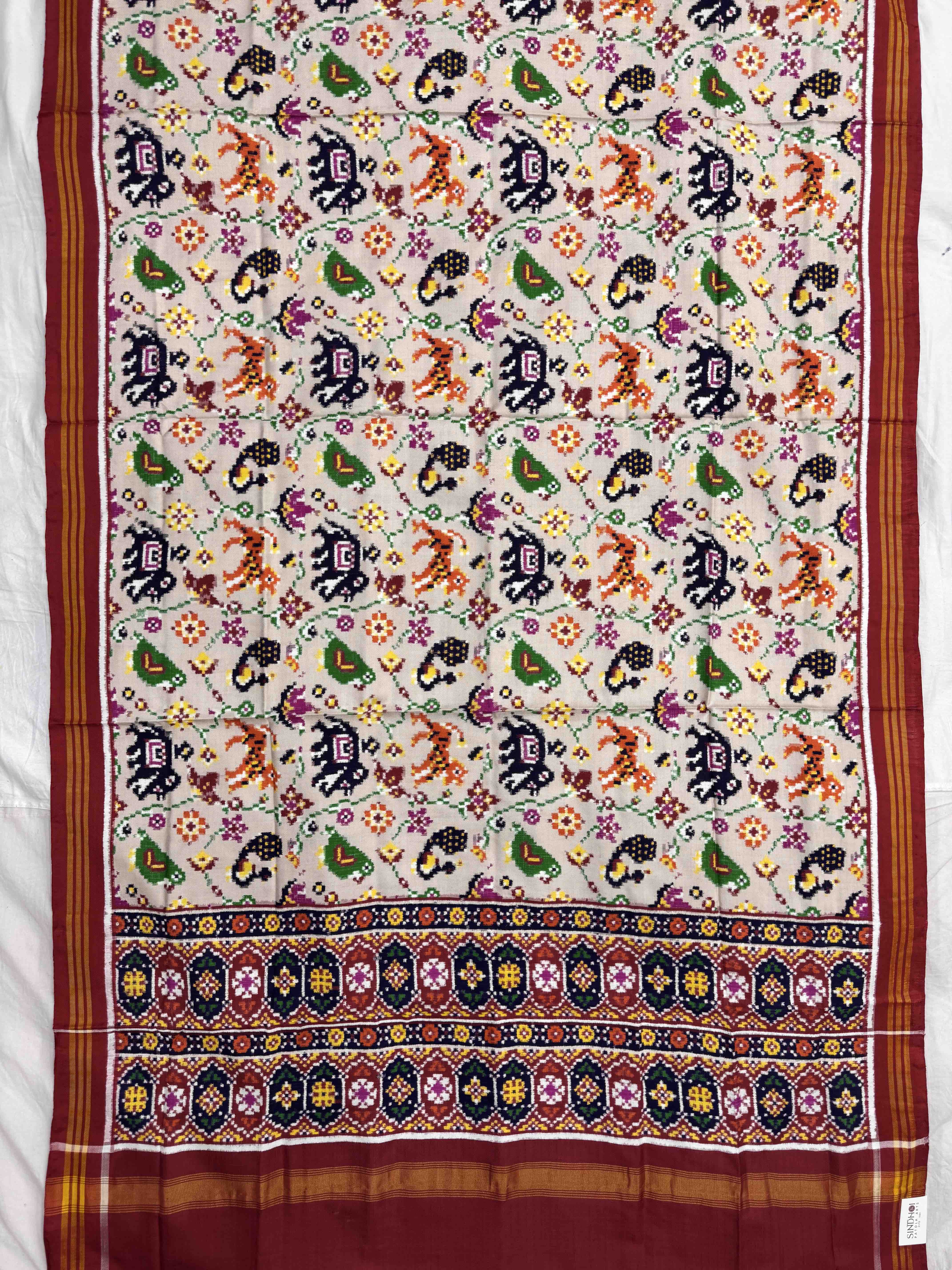 Red & Cream Narikunj Leaves Double Ikat Patan Patola Dupatta