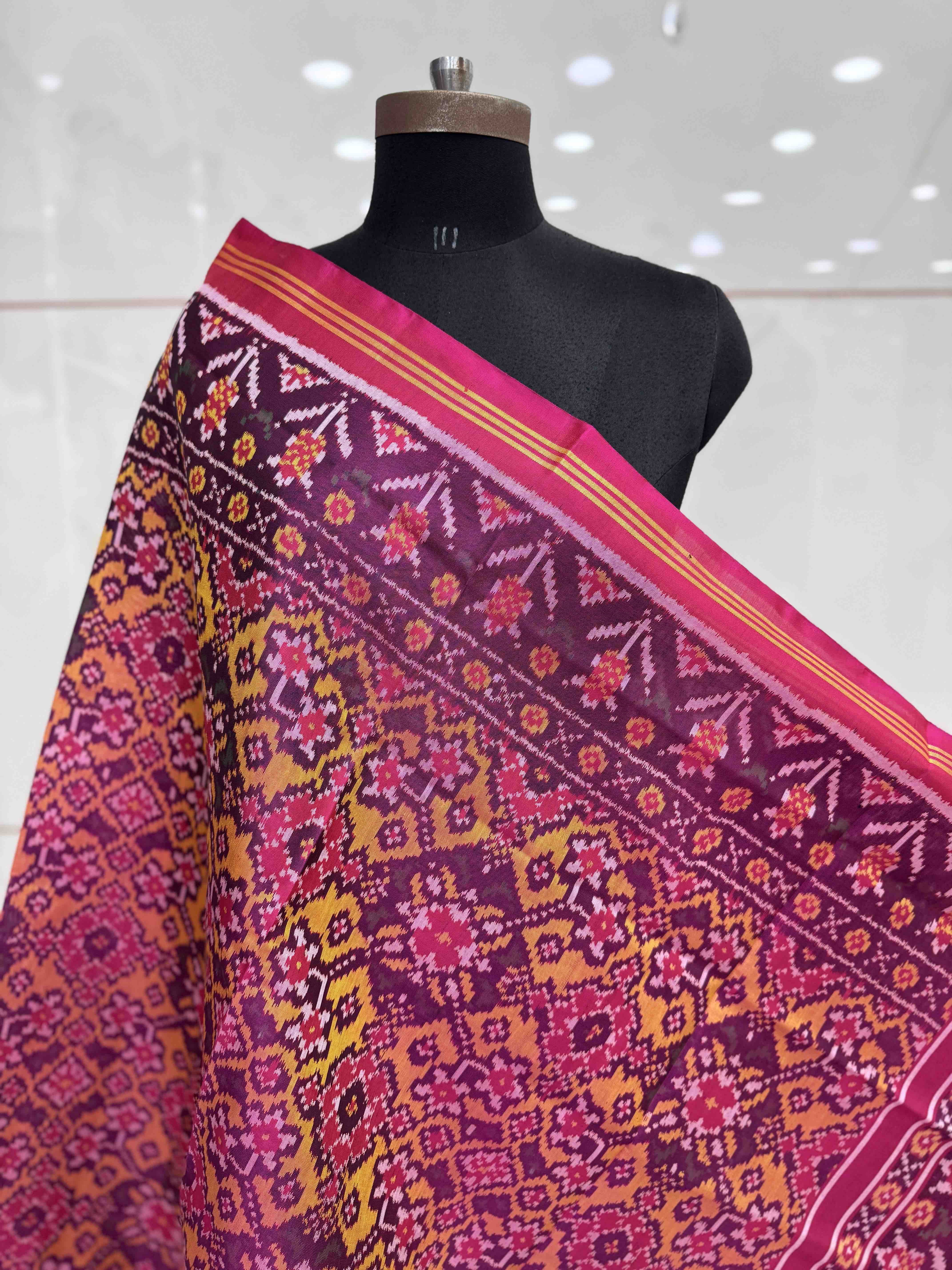 Pink & Yellow Navratan Semi Double Ikat Patola Dupatta