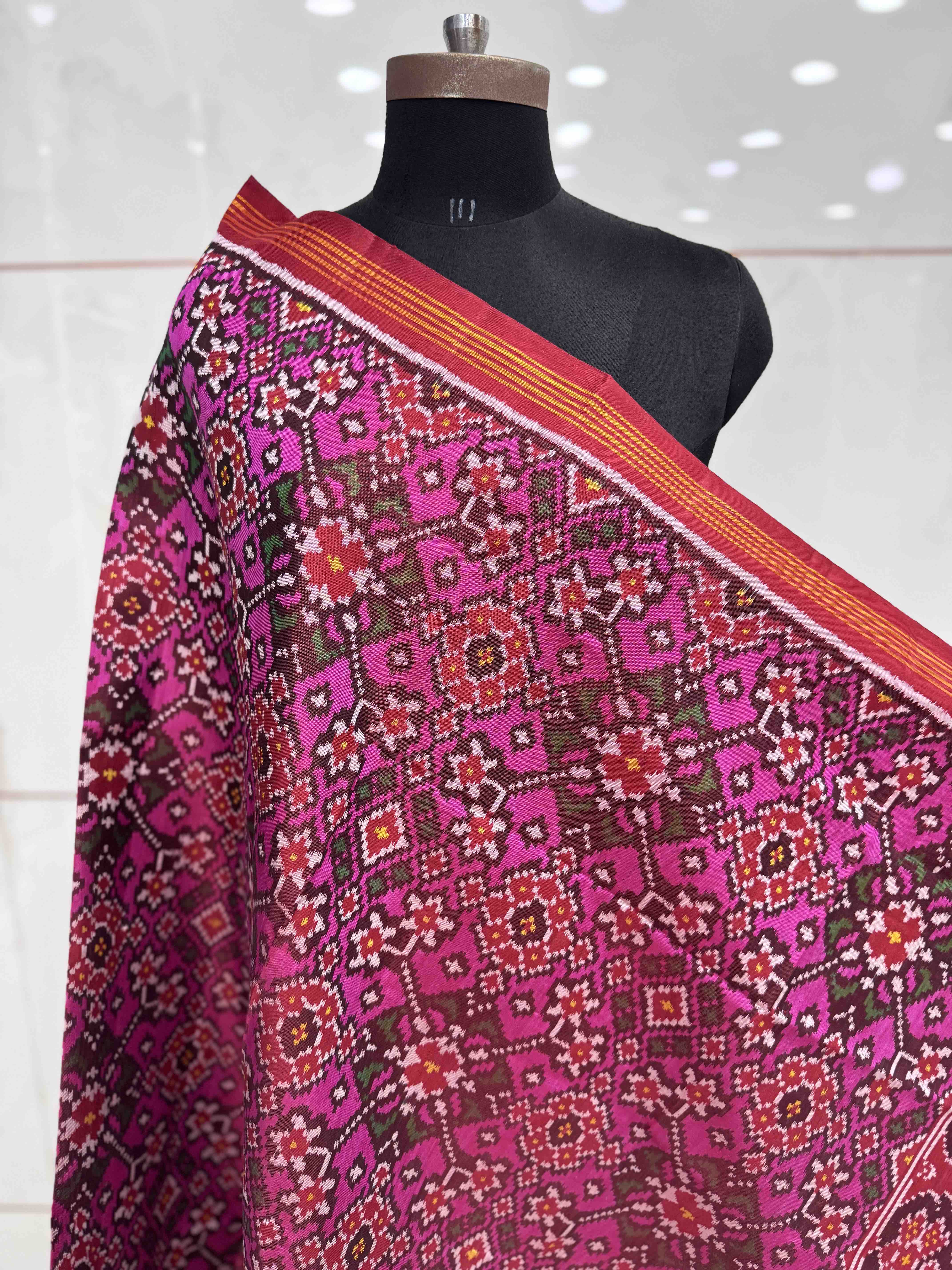 Red & Pink Navratan Semi Double Ikat Patola Dupatta